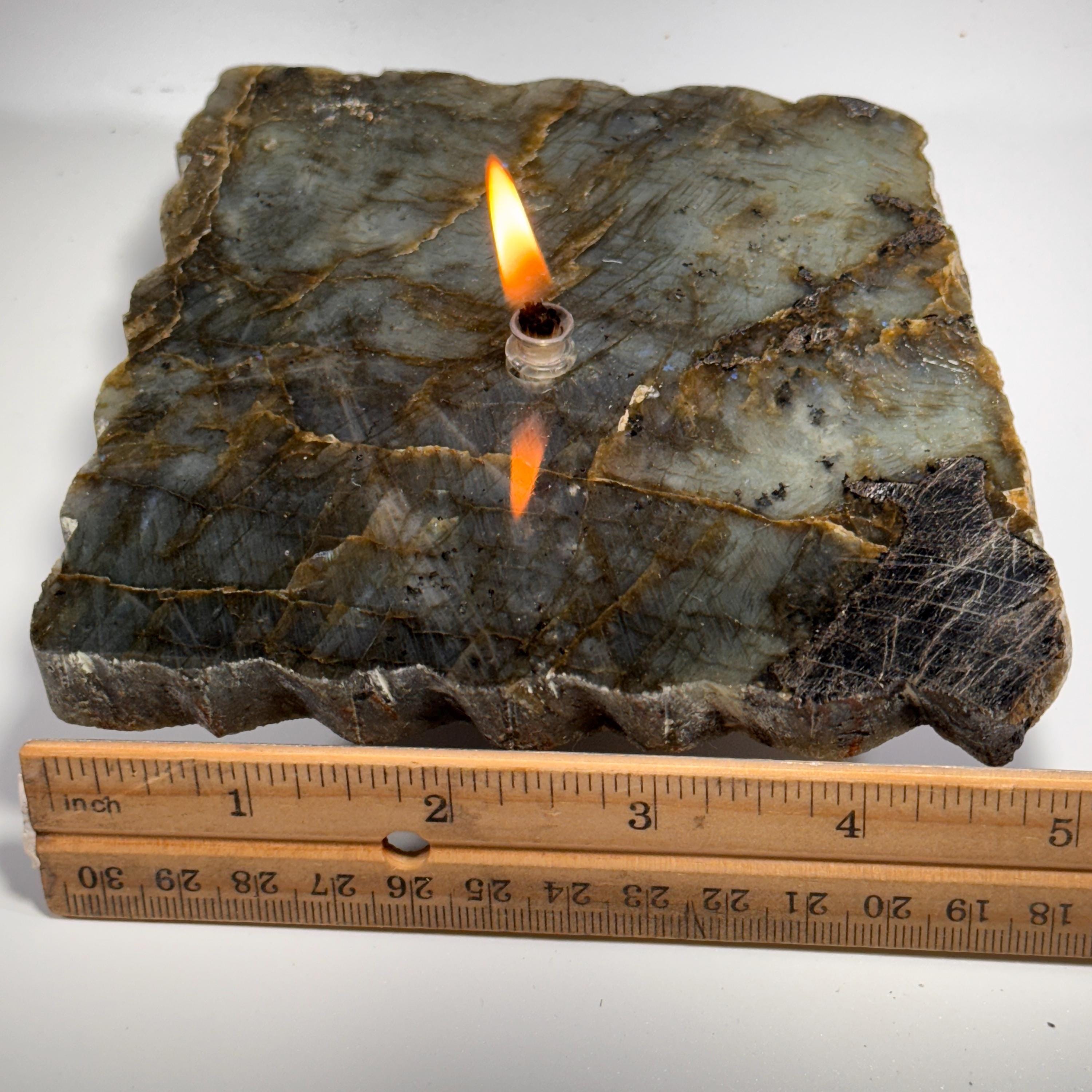 [shopname] - Labradorite Rock Candle | blue and purple iridescent stone, crystal candle, labradorite lamp, rock oil lamp, rock or candle lover gift, rock decor