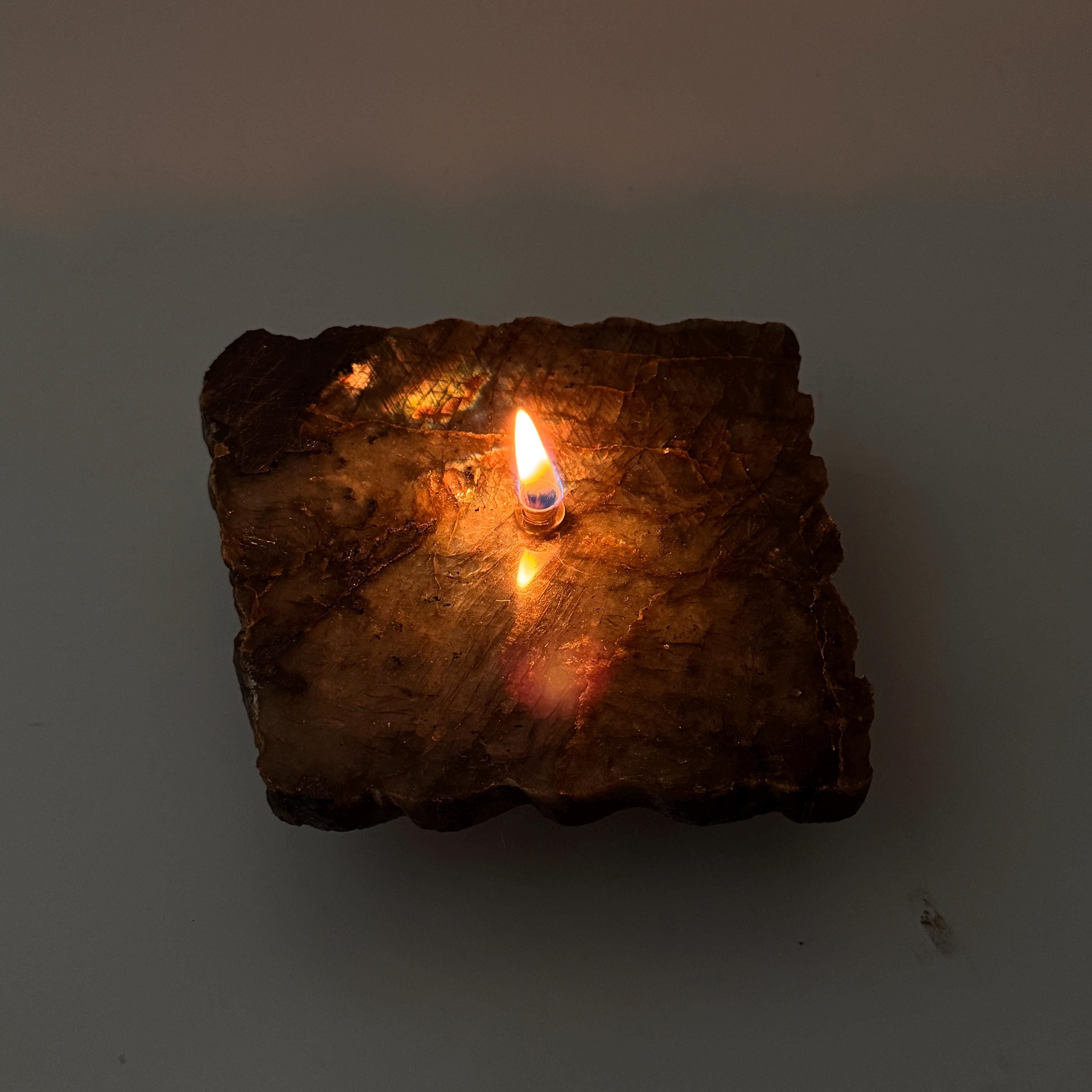 [shopname] - Labradorite Rock Candle | blue and purple iridescent stone, crystal candle, labradorite lamp, rock oil lamp, rock or candle lover gift, rock decor