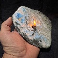 [shopname] - LARIMAR rock Candle | crystal candle, gemstone rock oil lamp, agate oil candle, rock lover or candle lover gift, stone oil lamp, rock decor