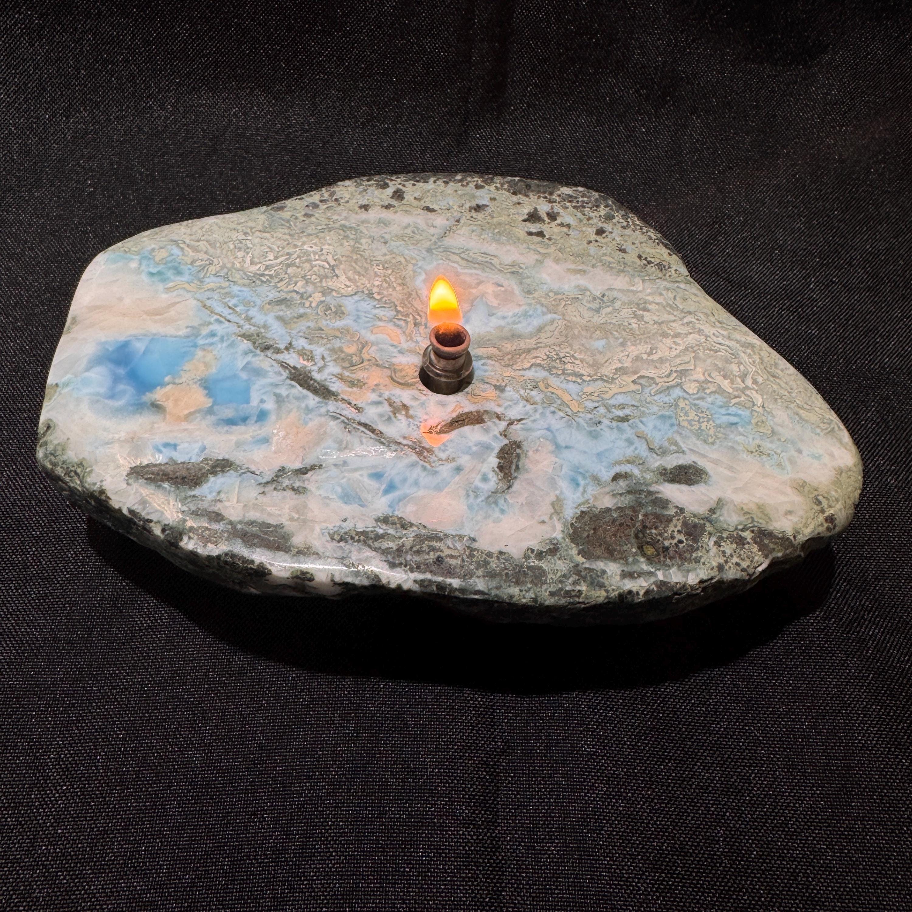 [shopname] - LARIMAR rock Candle | crystal candle, gemstone rock oil lamp, agate oil candle, rock lover or candle lover gift, stone oil lamp, rock decor