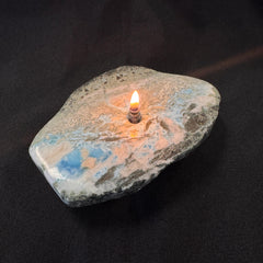 [shopname] - LARIMAR rock Candle | crystal candle, gemstone rock oil lamp, agate oil candle, rock lover or candle lover gift, stone oil lamp, rock decor