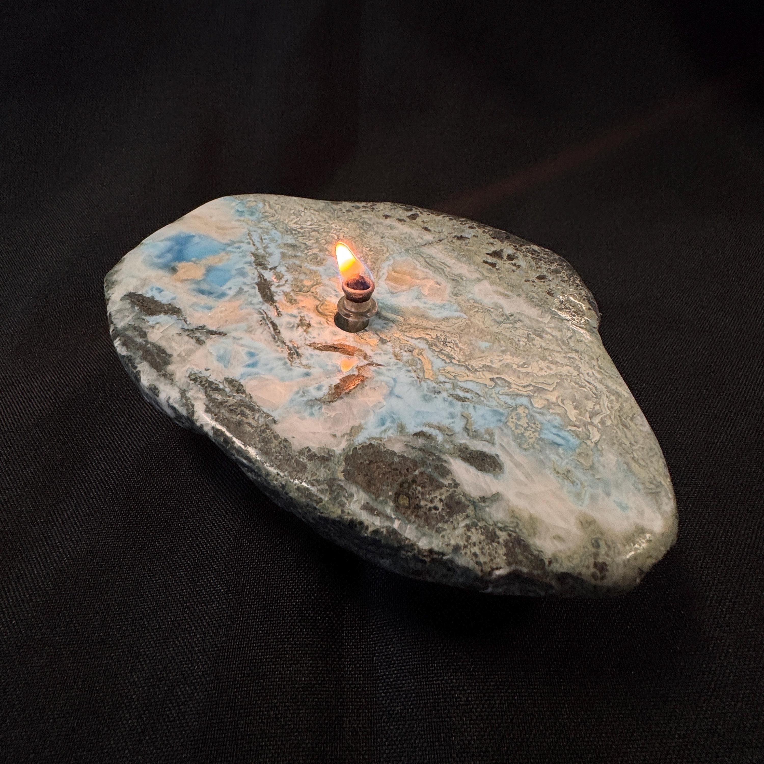 [shopname] - LARIMAR rock Candle | crystal candle, gemstone rock oil lamp, agate oil candle, rock lover or candle lover gift, stone oil lamp, rock decor
