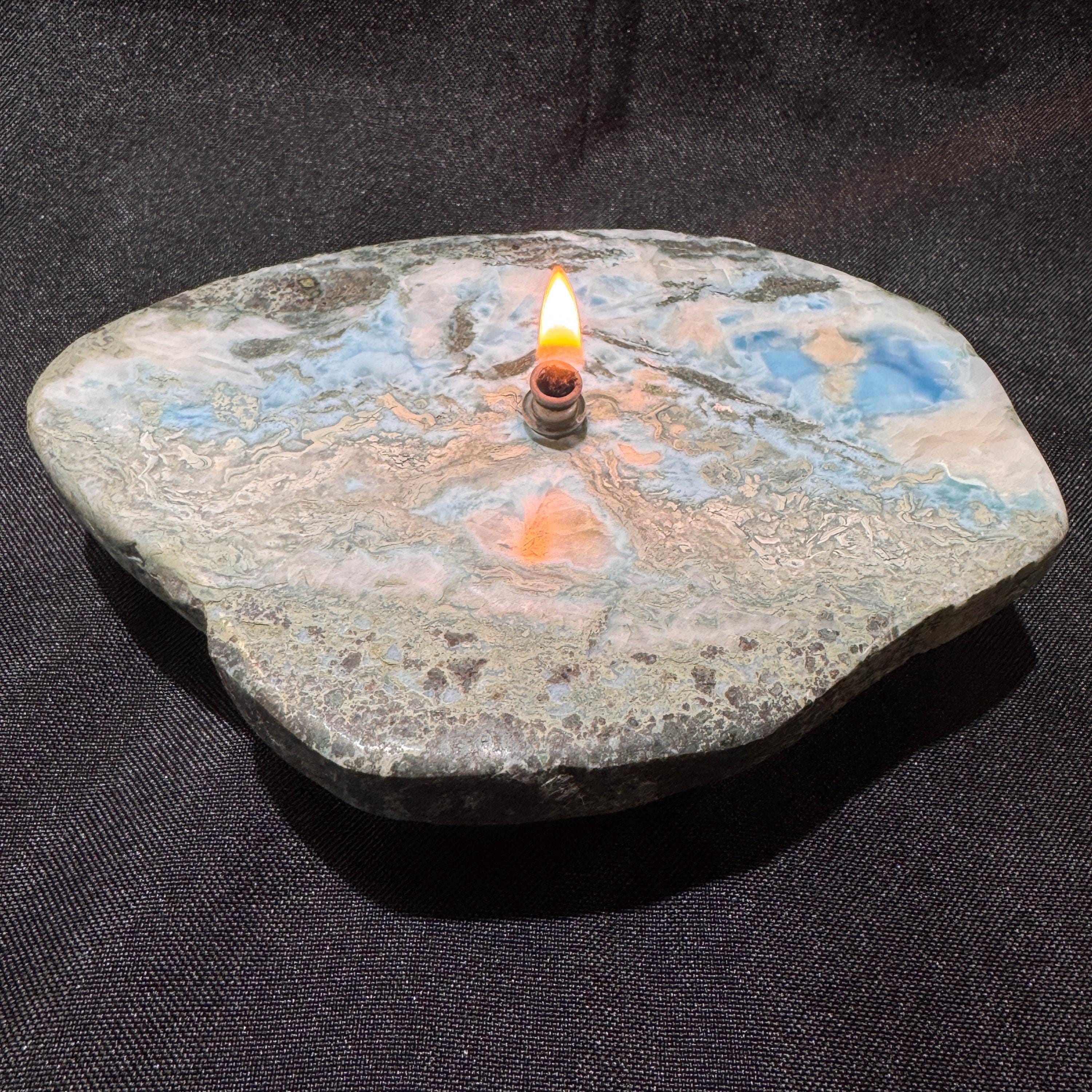 [shopname] - LARIMAR rock Candle | crystal candle, gemstone rock oil lamp, agate oil candle, rock lover or candle lover gift, stone oil lamp, rock decor