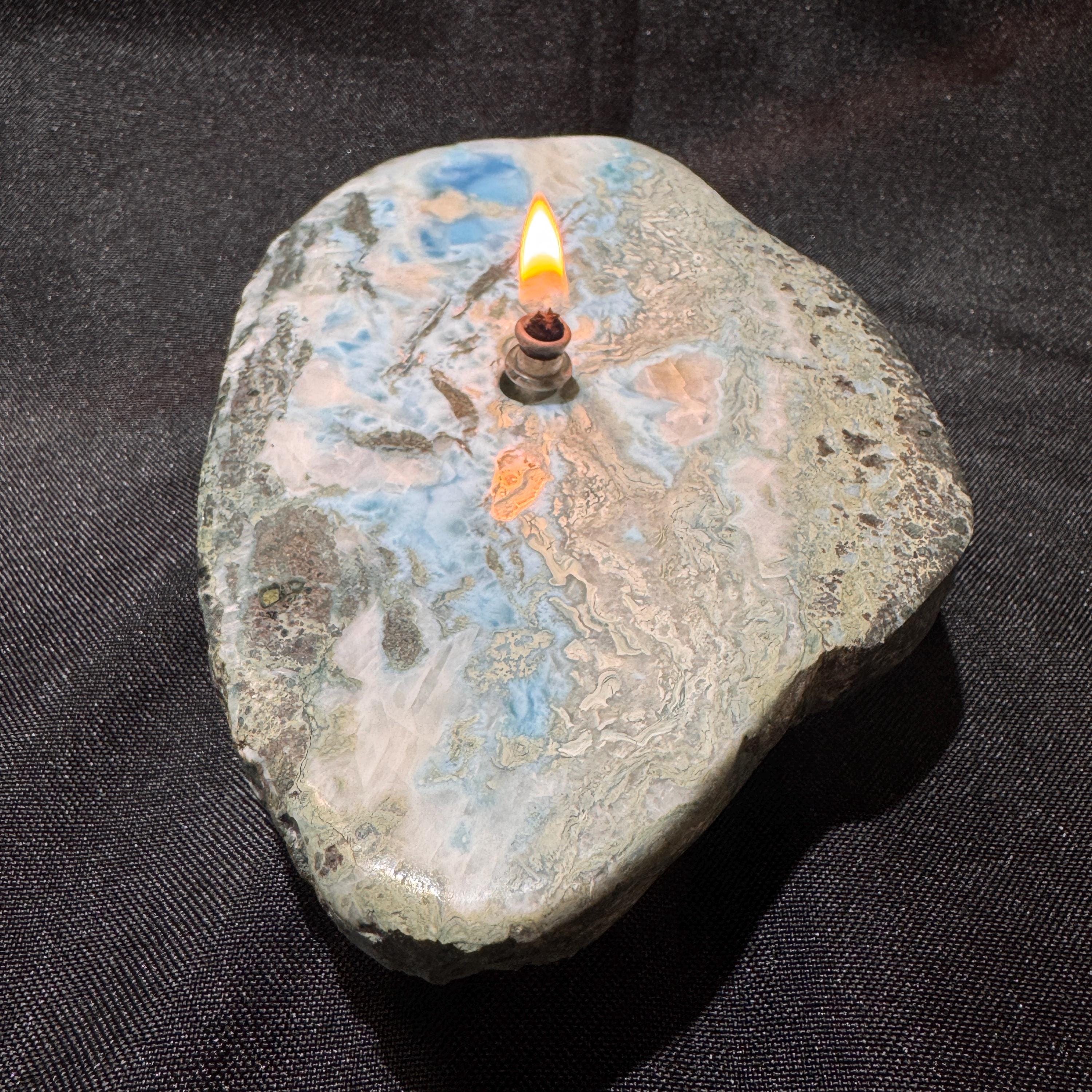 [shopname] - LARIMAR rock Candle | crystal candle, gemstone rock oil lamp, agate oil candle, rock lover or candle lover gift, stone oil lamp, rock decor