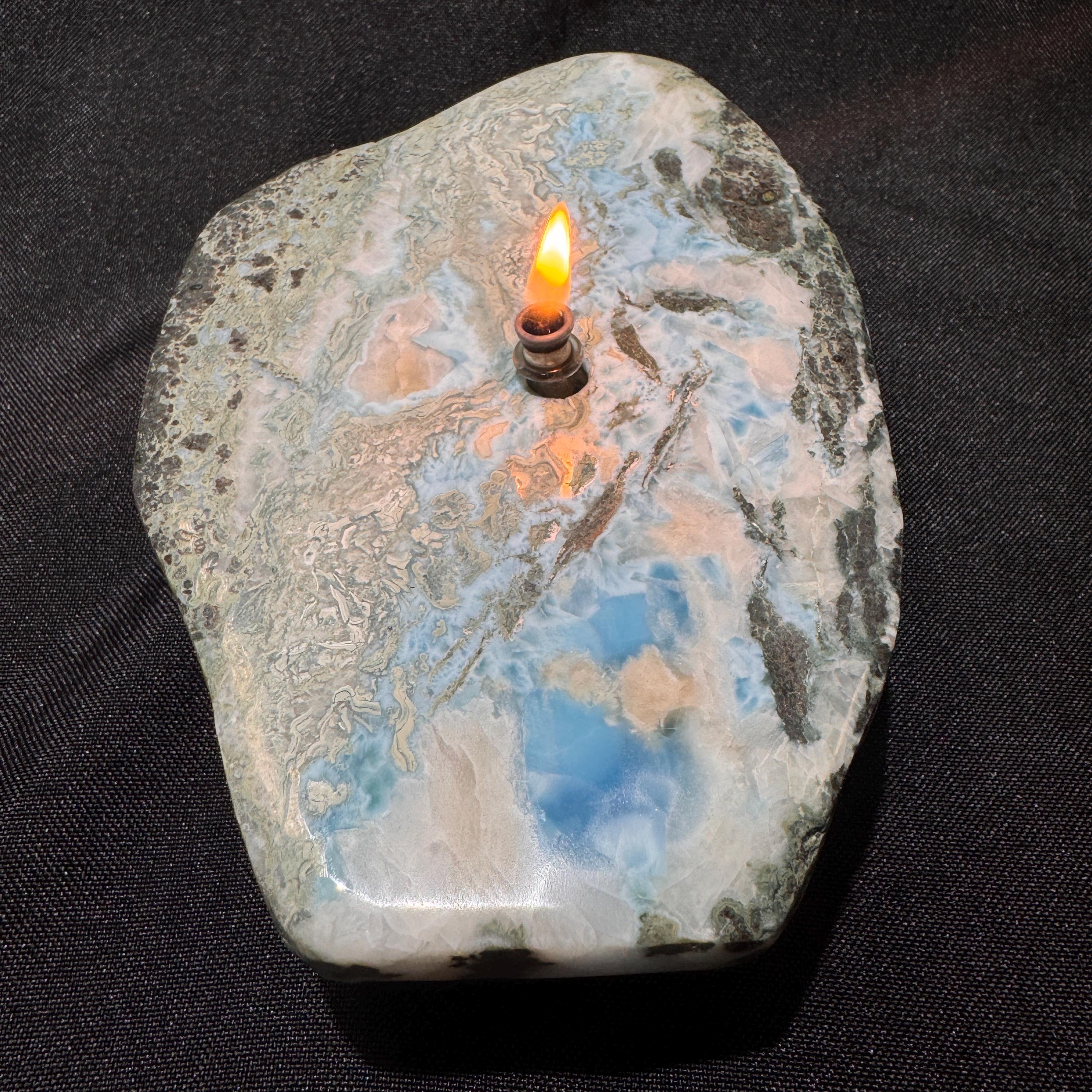 [shopname] - LARIMAR rock Candle | crystal candle, gemstone rock oil lamp, agate oil candle, rock lover or candle lover gift, stone oil lamp, rock decor