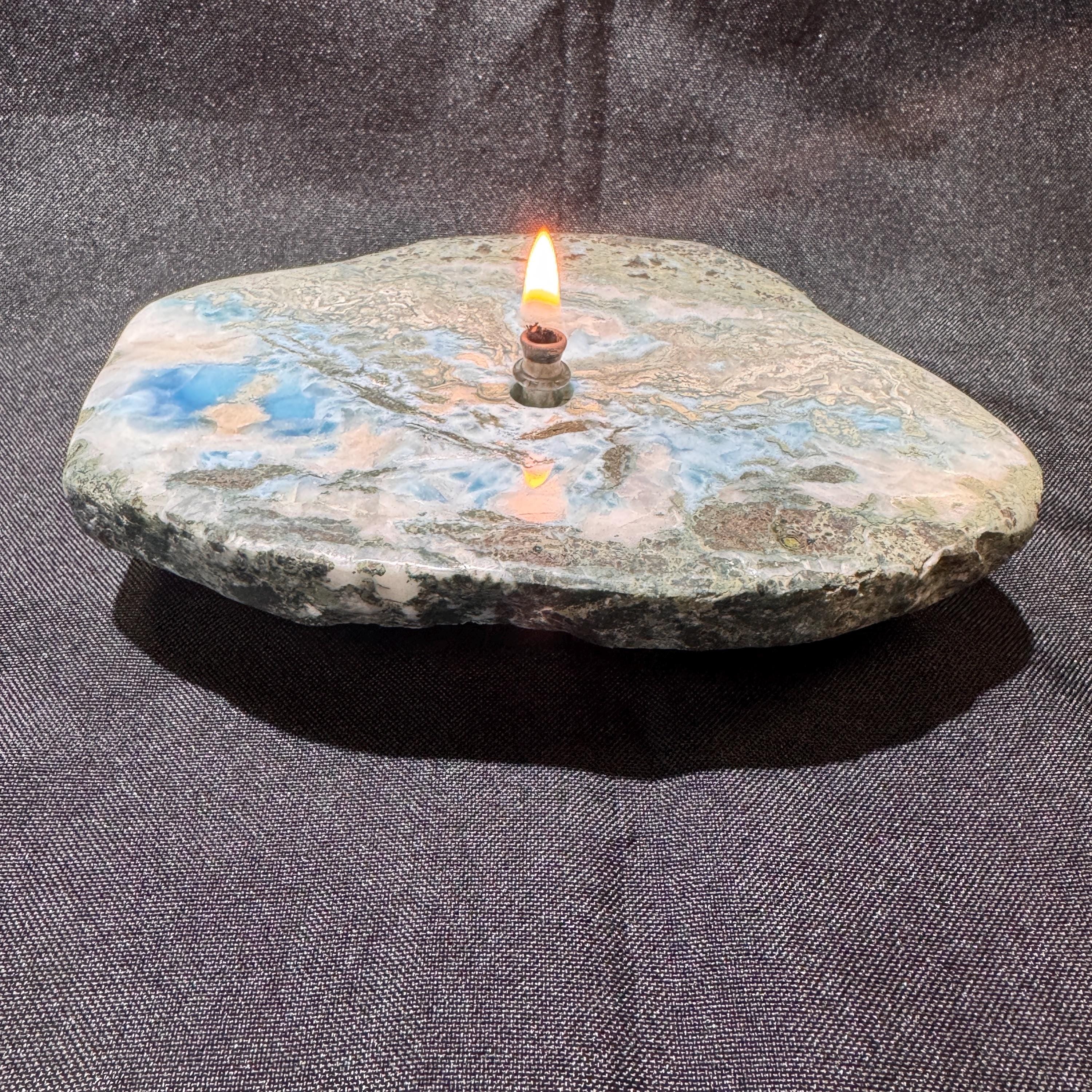[shopname] - LARIMAR rock Candle | crystal candle, gemstone rock oil lamp, agate oil candle, rock lover or candle lover gift, stone oil lamp, rock decor