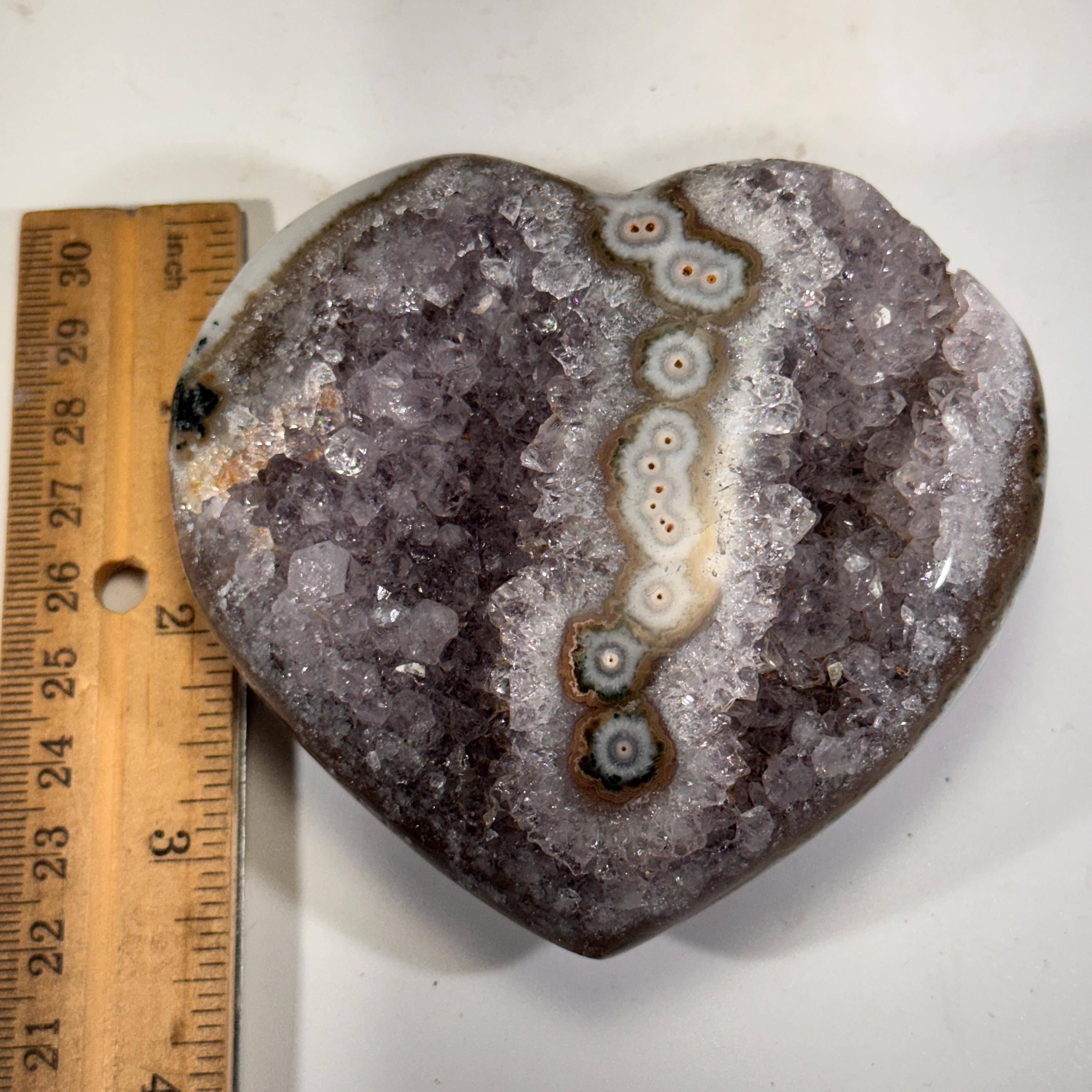 [shopname] - Amethyst Heart Carving | Polished Purple Crystal from Uruguay with stalactite eyes, rock decor