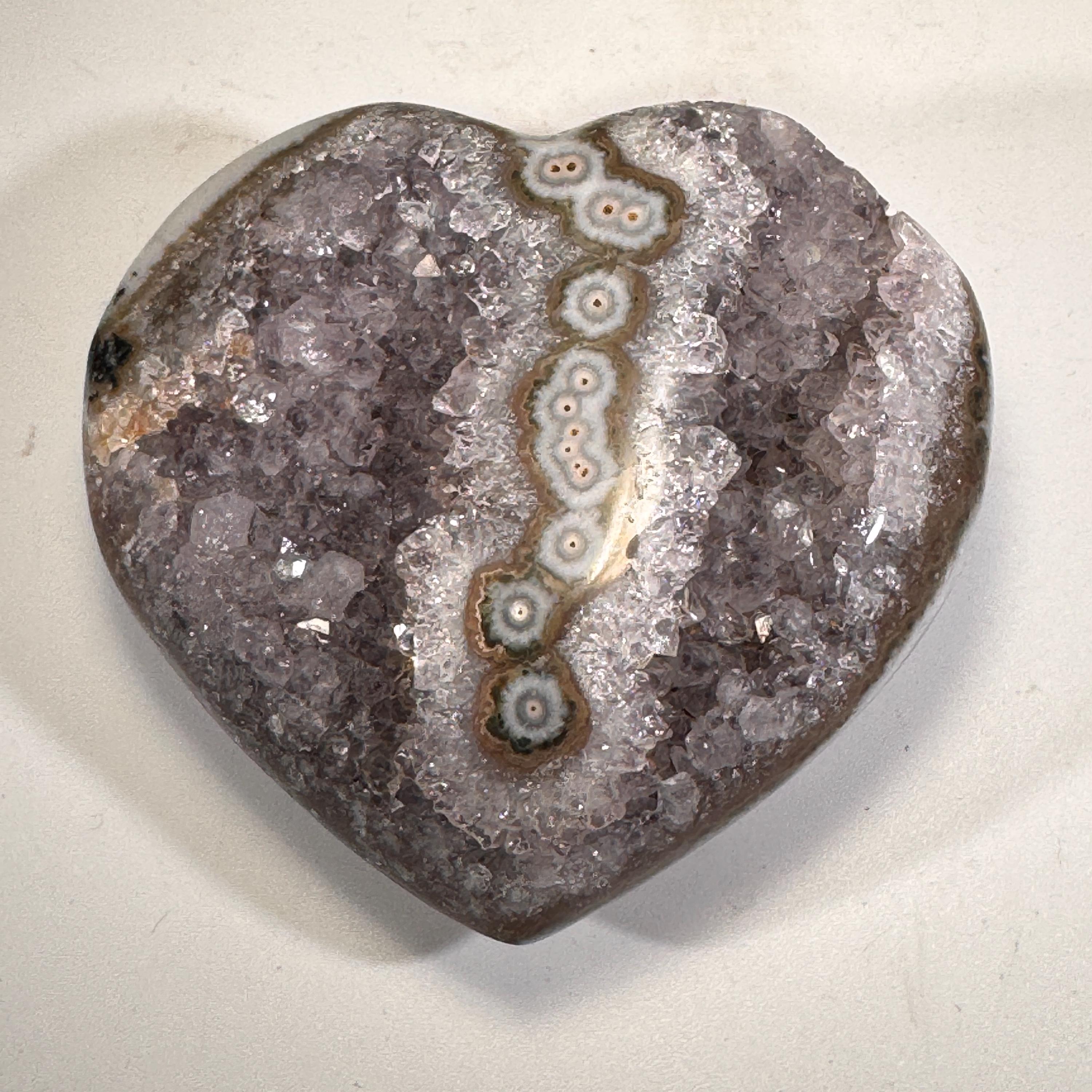 [shopname] - Amethyst Heart Carving | Polished Purple Crystal from Uruguay with stalactite eyes, rock decor