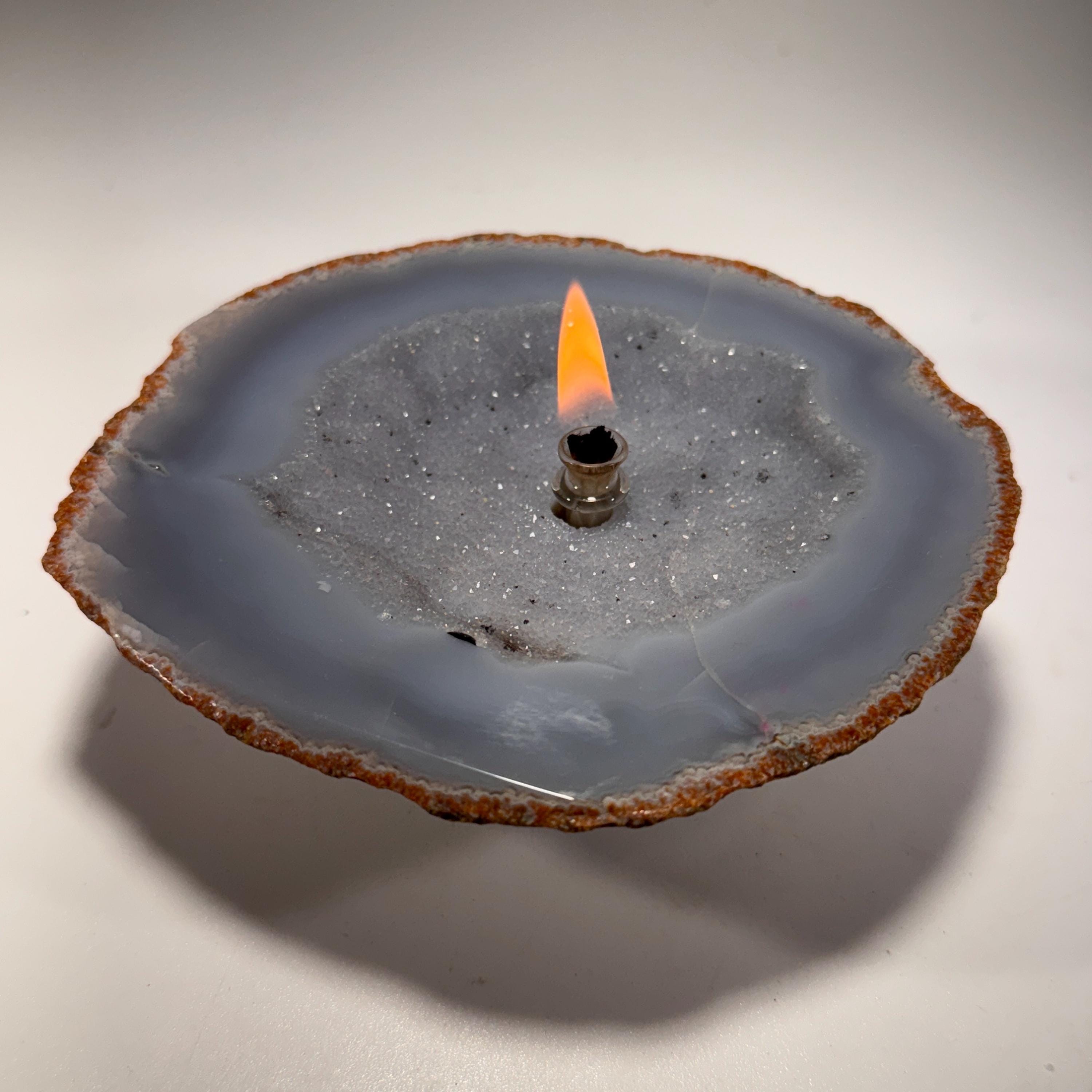 [shopname] - Agate Geode Oil Candle | Brazilian Druzy Agate Rock Lamp, rock decor