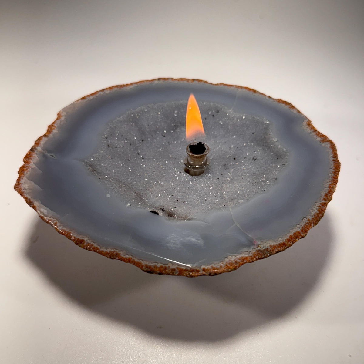 [shopname] - Agate Geode Oil Candle | Brazilian Druzy Agate Rock Lamp, rock decor