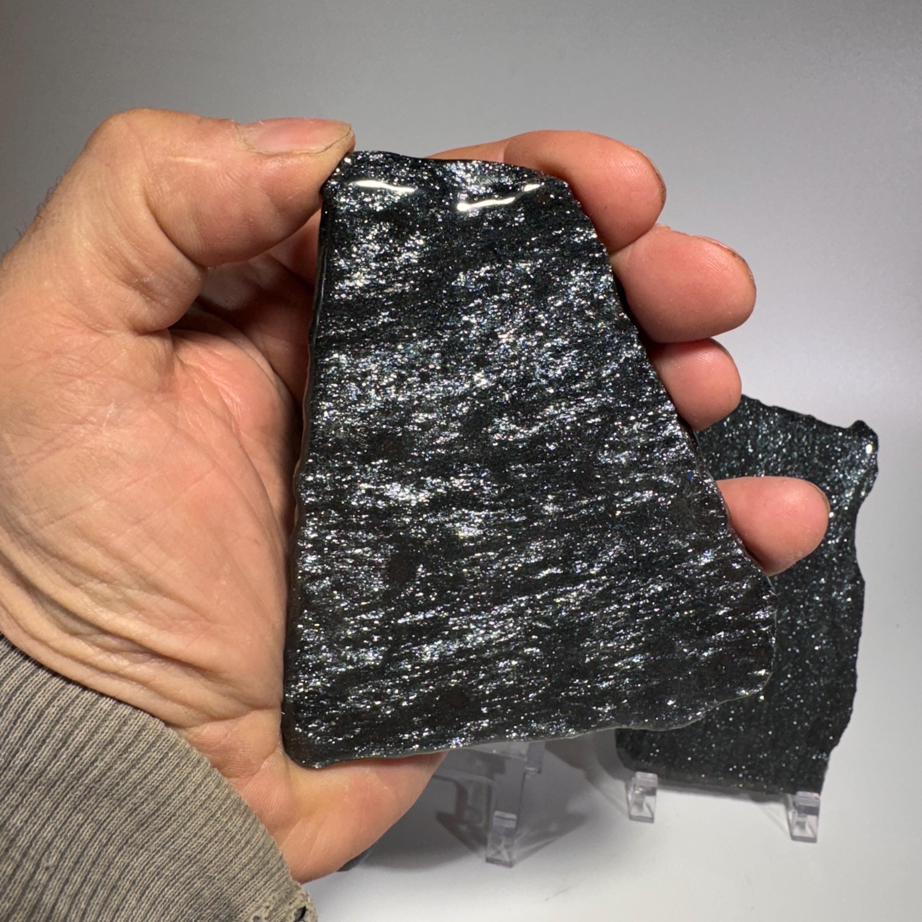 [shopname] - Medium-sized Specular Hematite Slab | Polished Michigan Iron Ore with Stand, rock decor