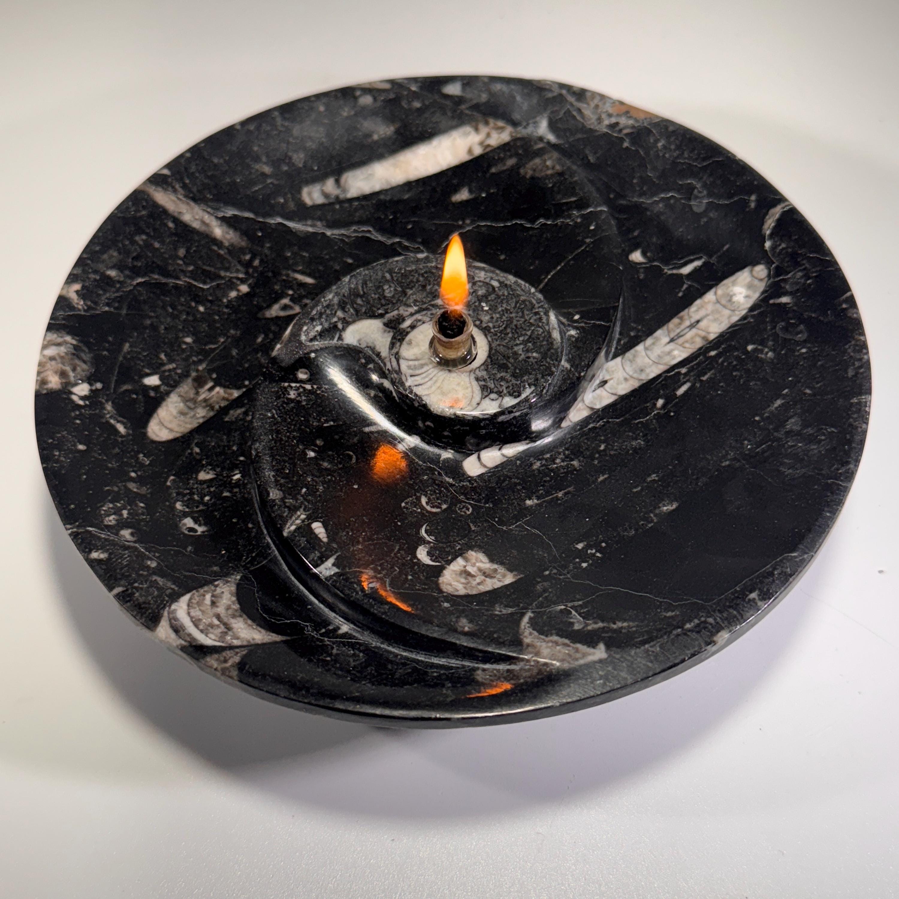[shopname] - Rock oil Candle - Orthoceras fossil bowl | unique use of a Moroccan fossil, rock decor
