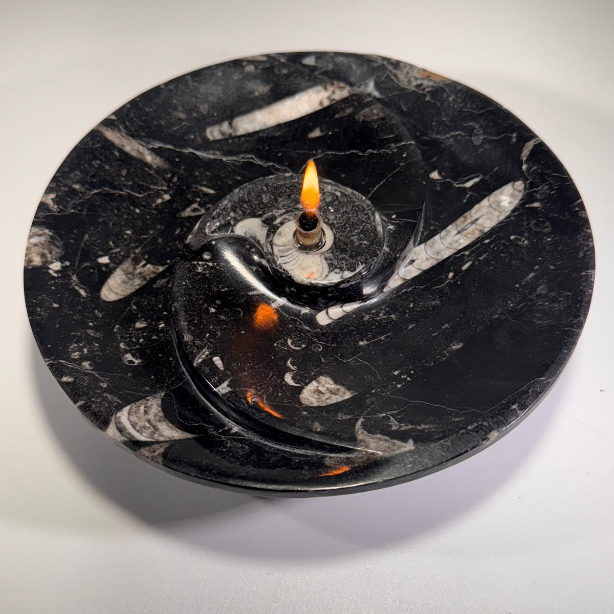 [shopname] - Rock oil Candle - Orthoceras fossil bowl | unique use of a Moroccan fossil, rock decor