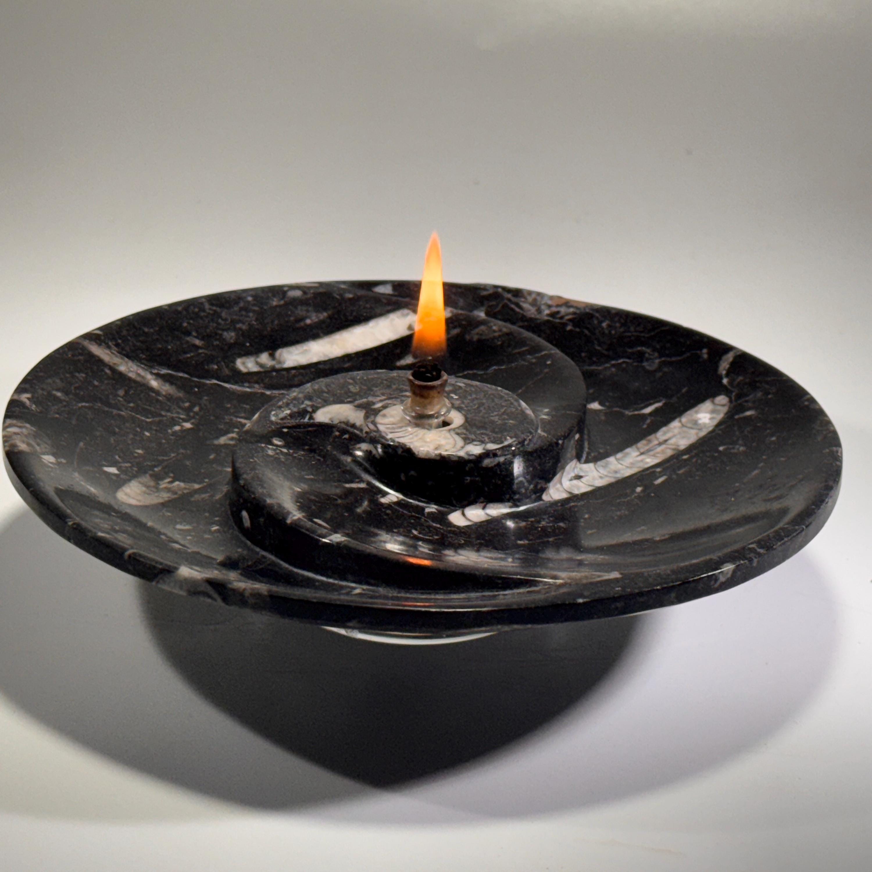 [shopname] - Rock oil Candle - Orthoceras fossil bowl | unique use of a Moroccan fossil, rock decor