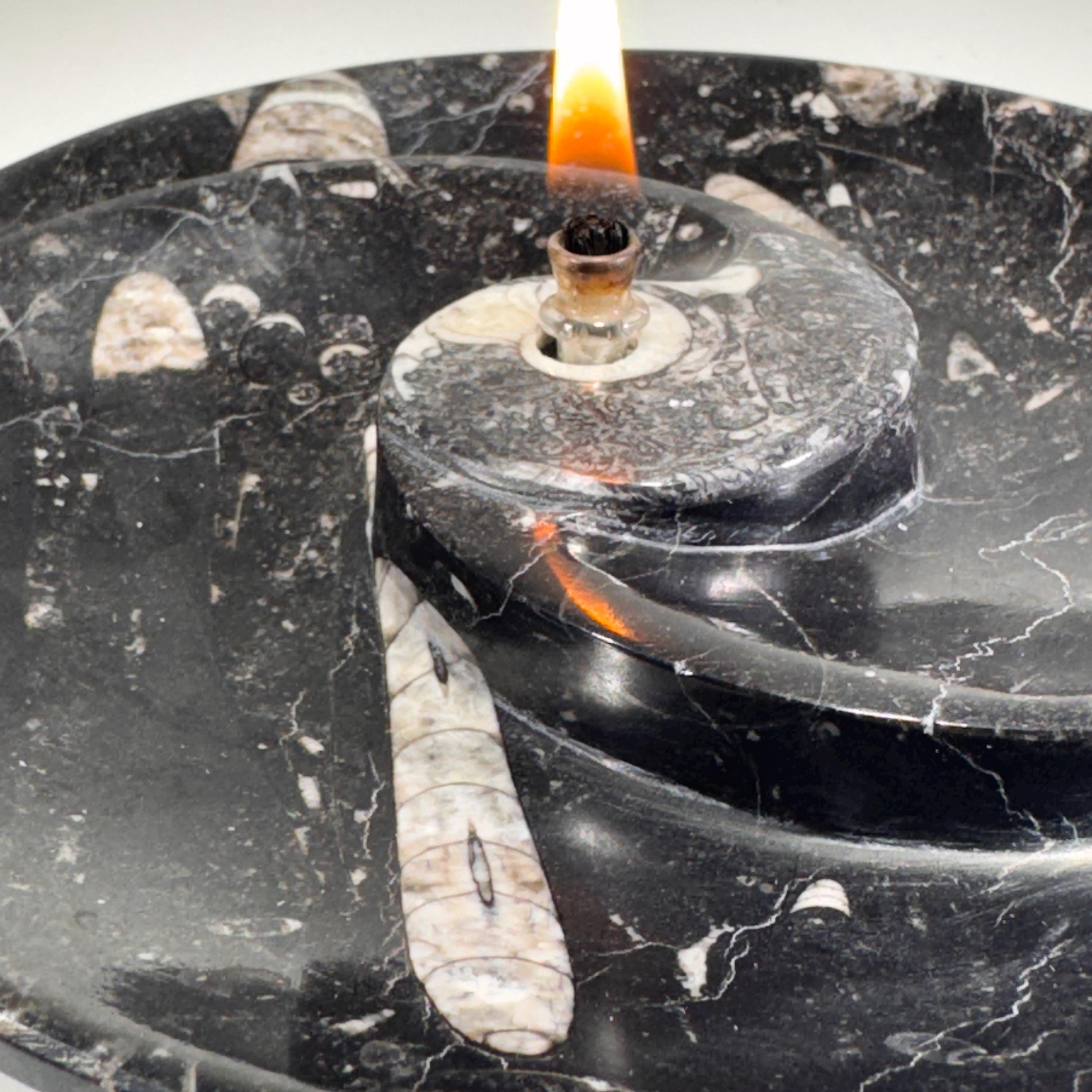 [shopname] - Rock oil Candle - Orthoceras fossil bowl | unique use of a Moroccan fossil, rock decor