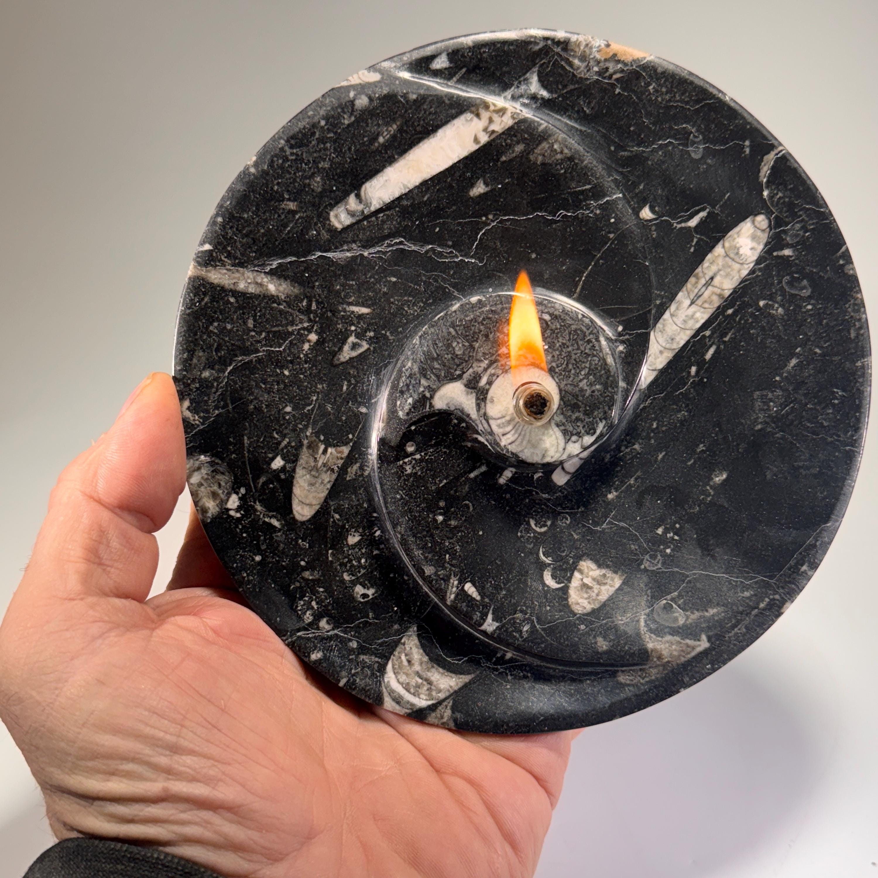 [shopname] - Rock oil Candle - Orthoceras fossil bowl | unique use of a Moroccan fossil, rock decor
