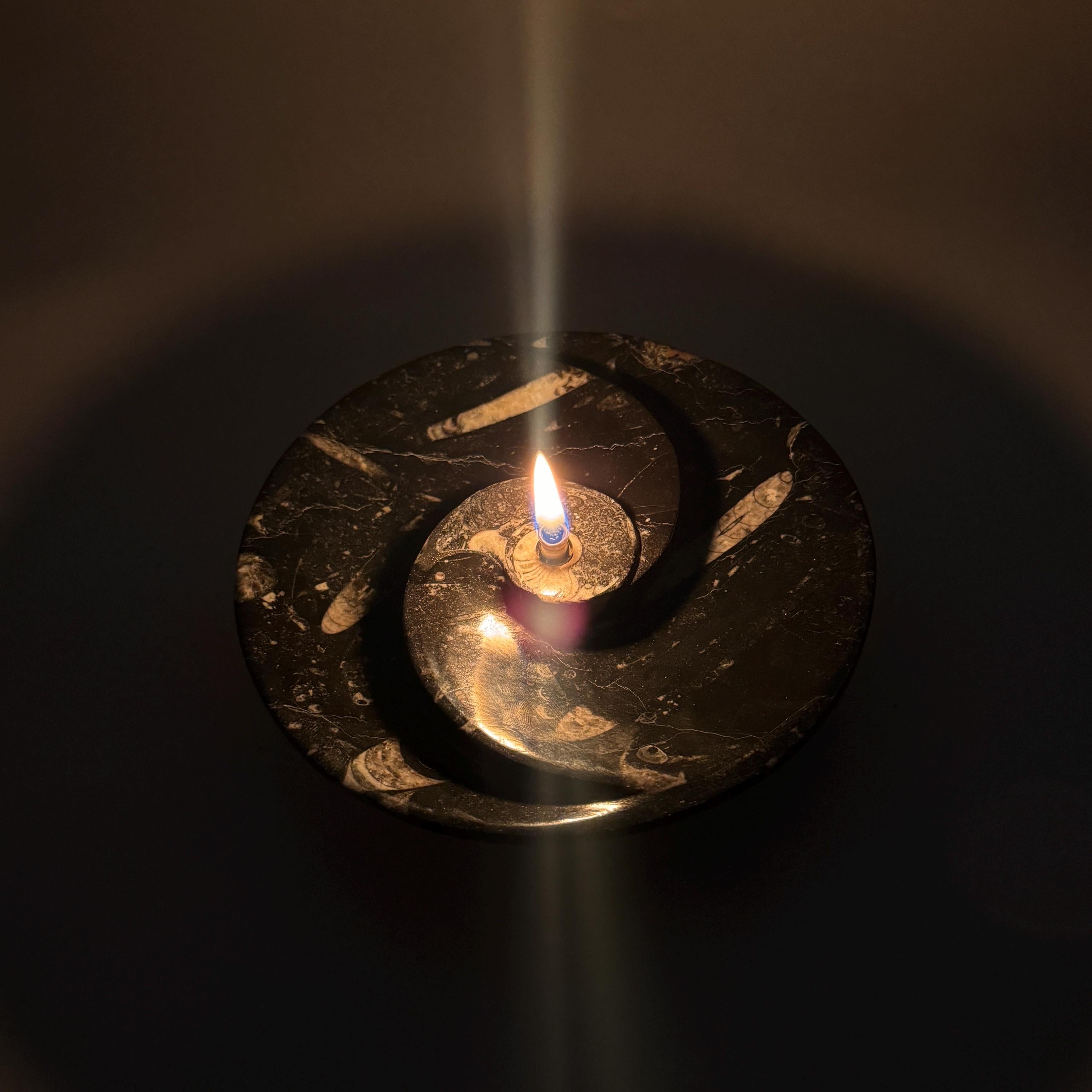 [shopname] - Rock oil Candle - Orthoceras fossil bowl | unique use of a Moroccan fossil, rock decor