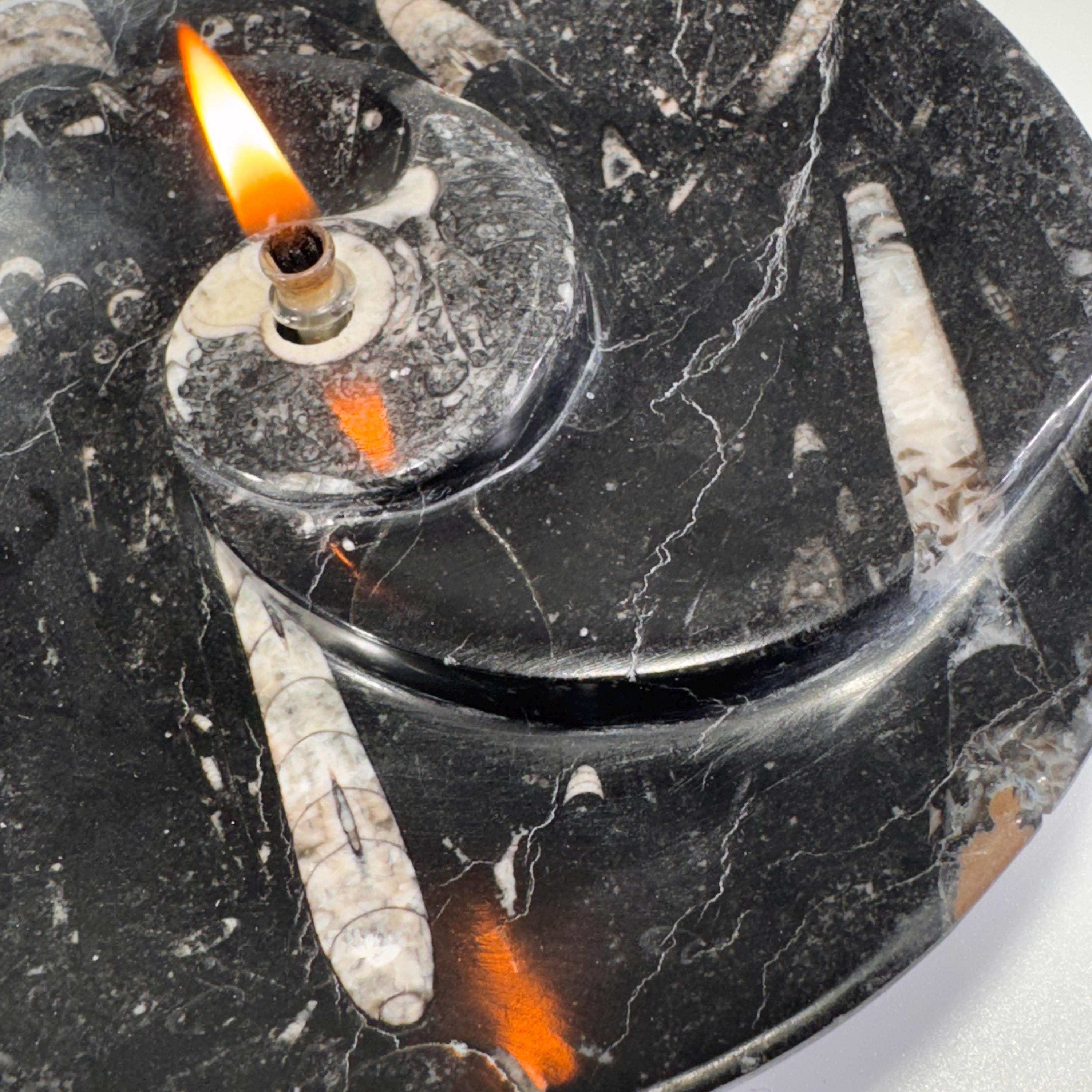 [shopname] - Rock oil Candle - Orthoceras fossil bowl | unique use of a Moroccan fossil, rock decor