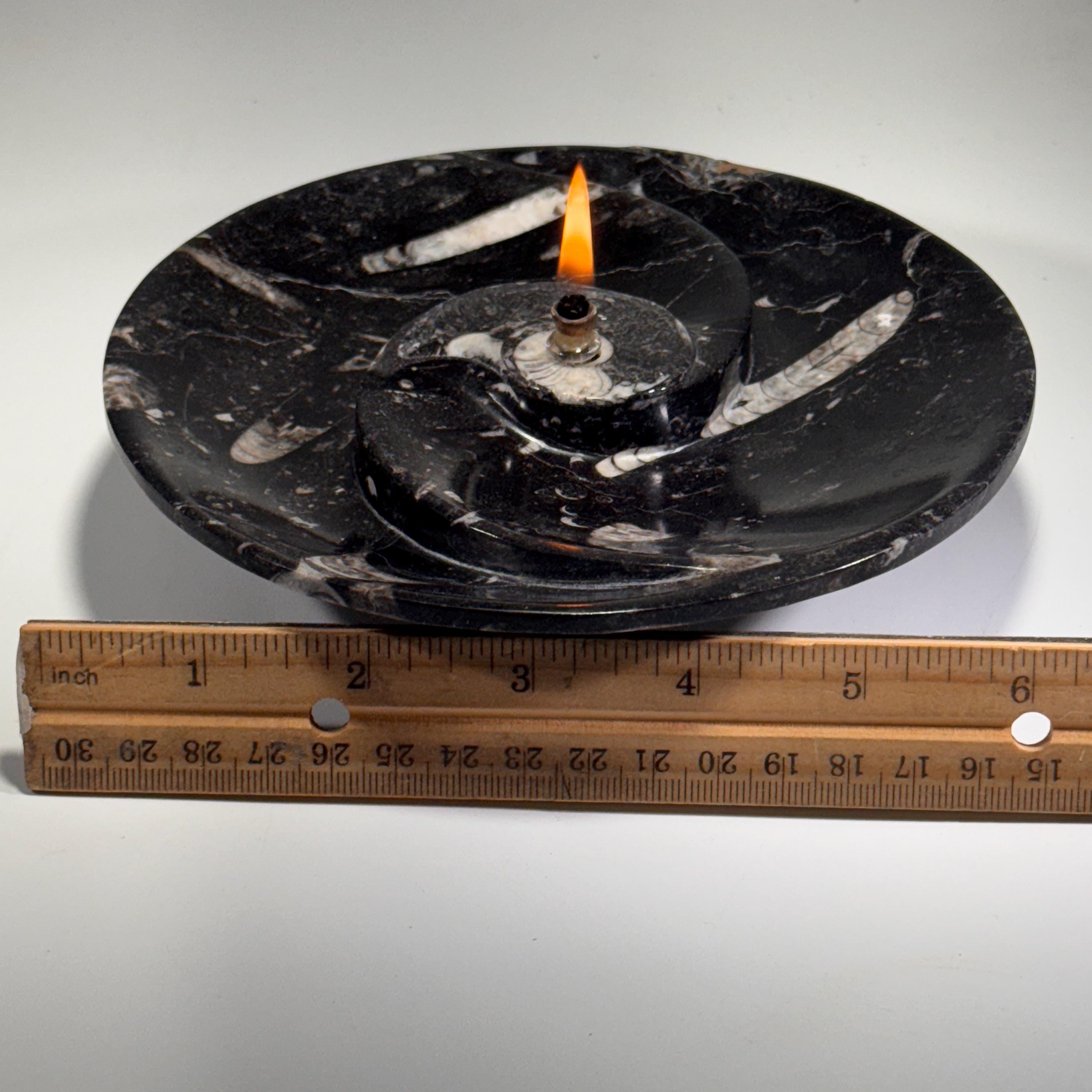 [shopname] - Rock oil Candle - Orthoceras fossil bowl | unique use of a Moroccan fossil, rock decor