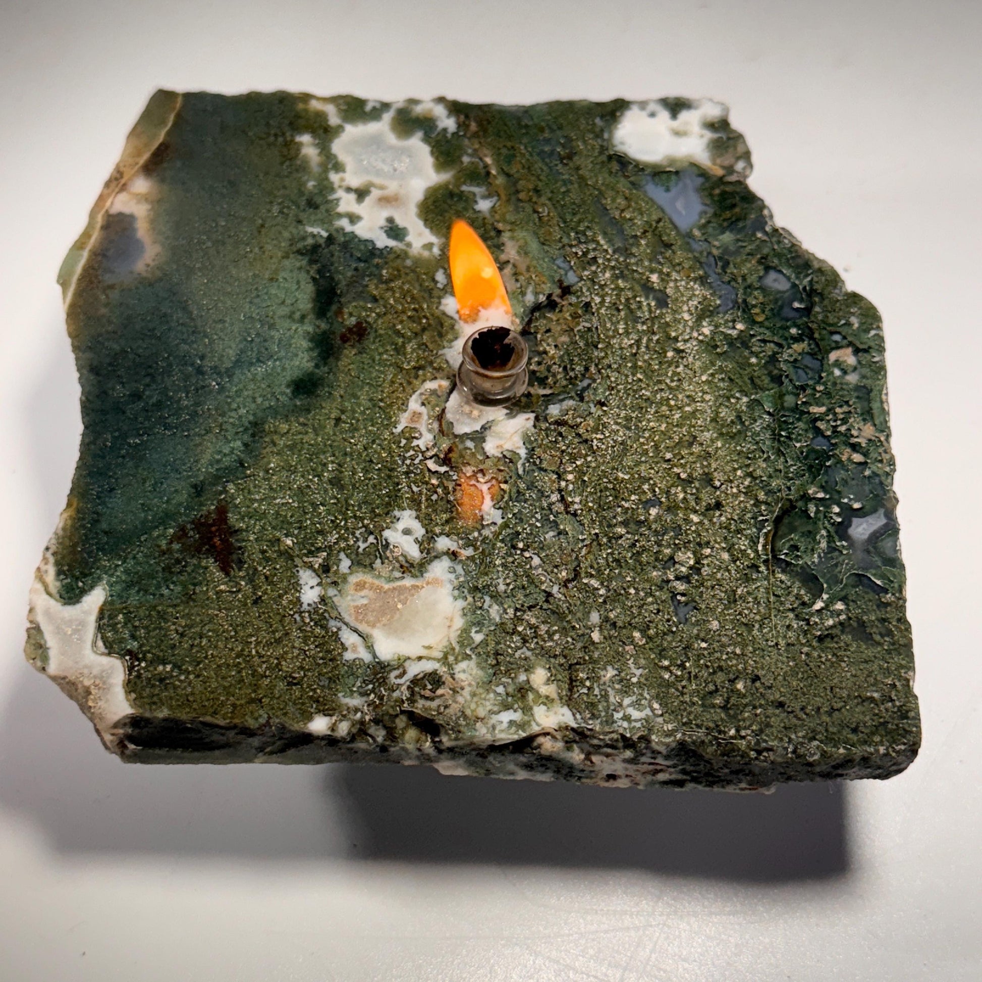 [shopname] - Moss Agate Rock Candle, rock decor