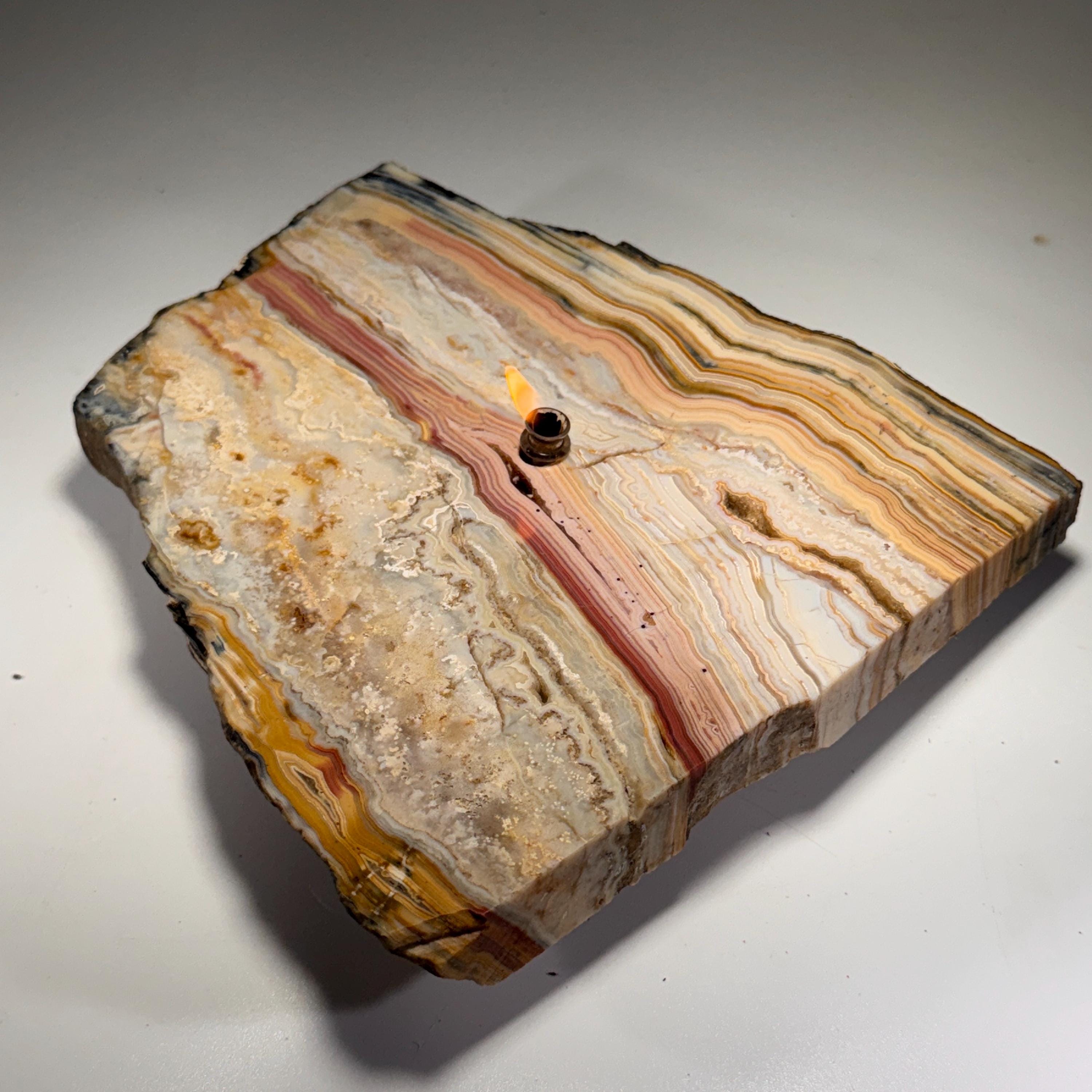 [shopname] - Crazy Lace Agate Rock Candle | Home Crystal Decor for home & office, rock decor