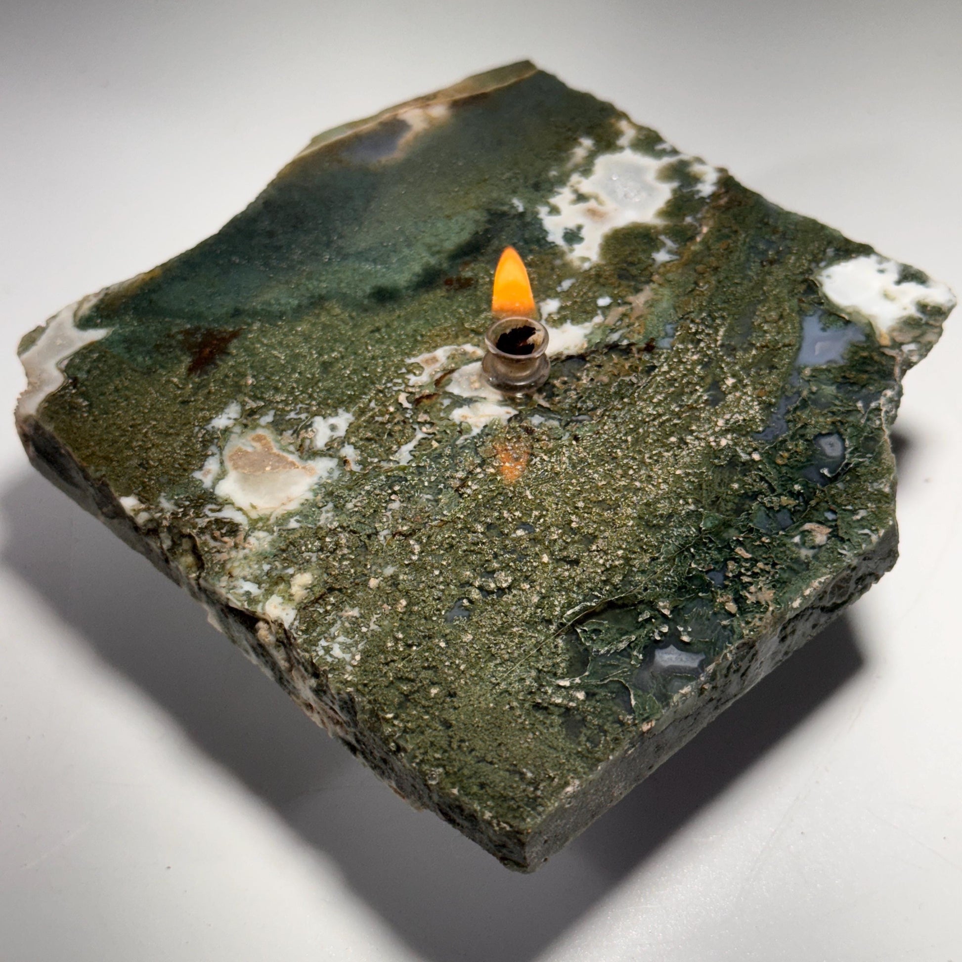[shopname] - Moss Agate Rock Candle, rock decor