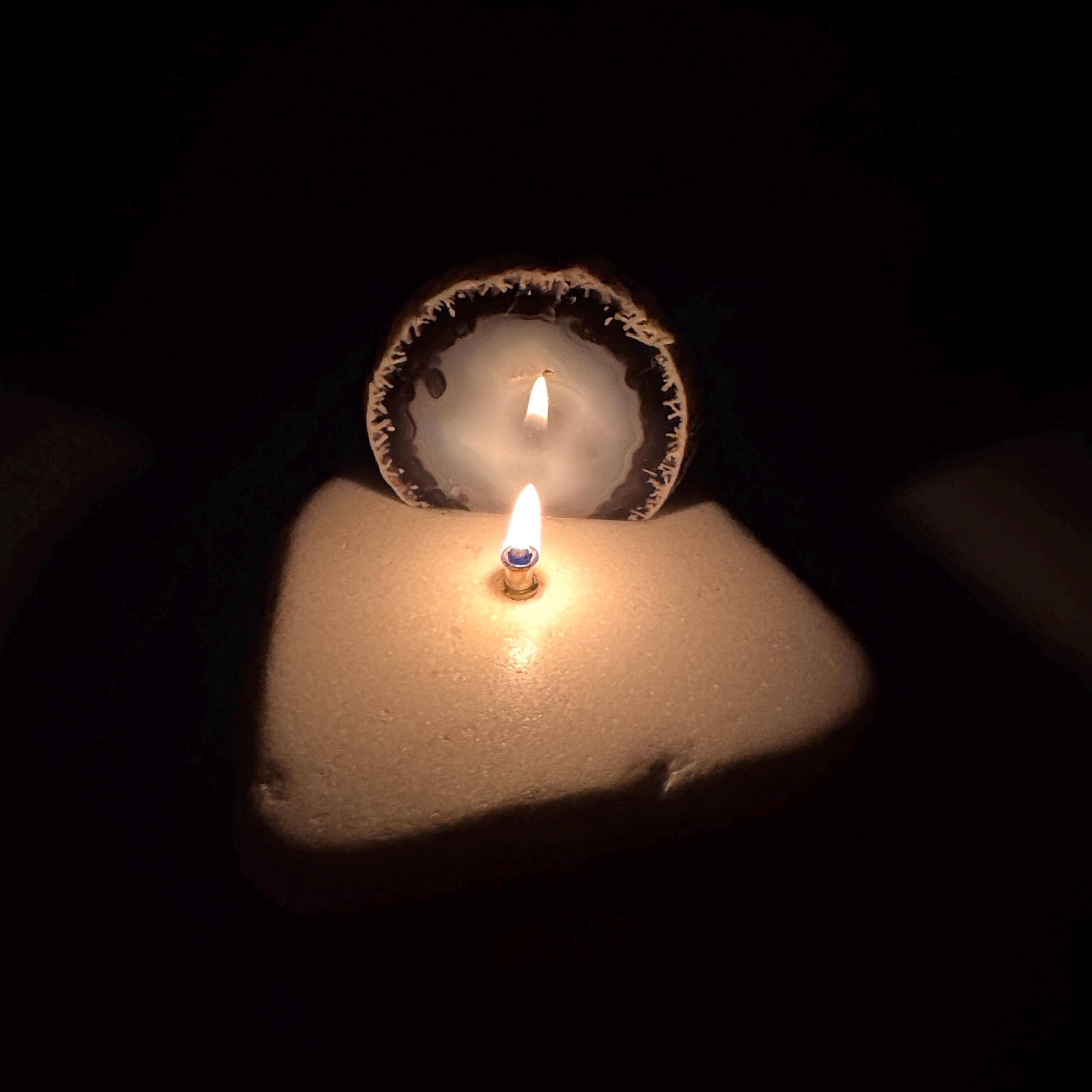 [shopname] - Agate Geode Oil Candle | Brazilian End-Cut Rock Lamp, Rustic Decor, Marble Base, rock decor