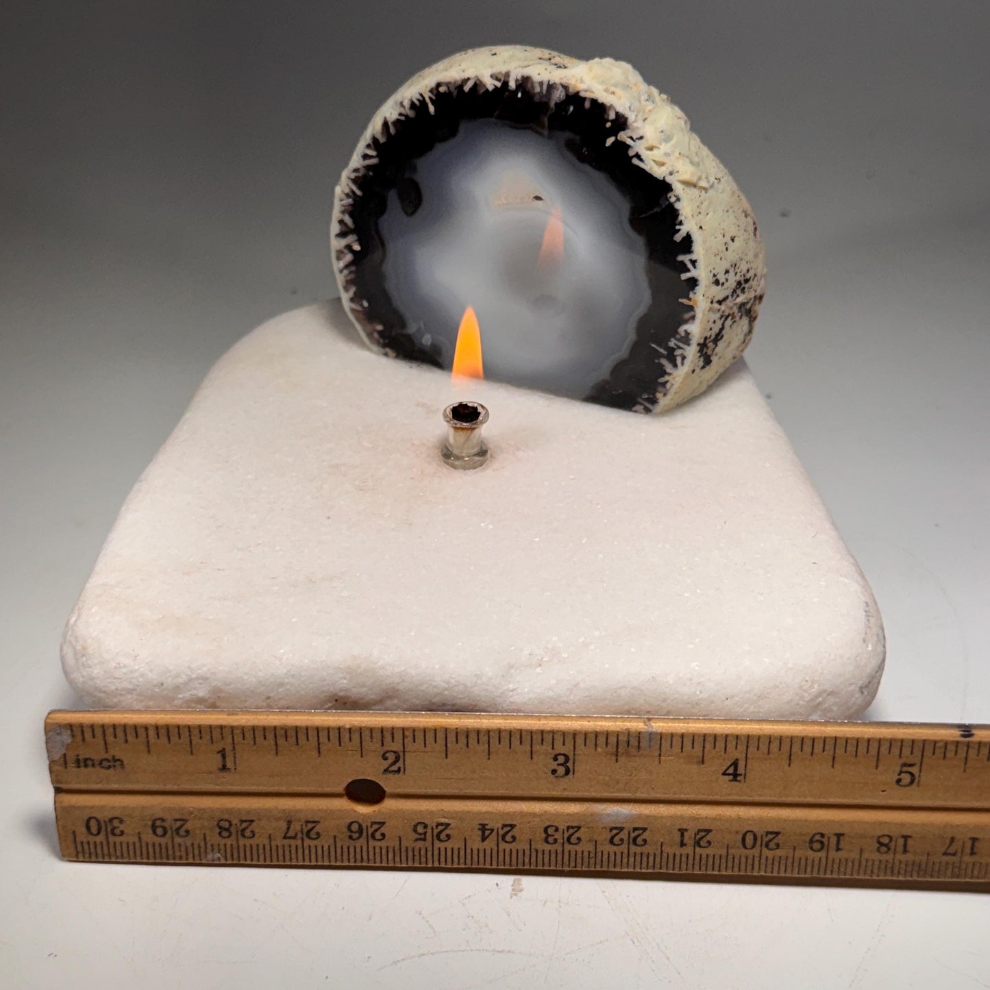 [shopname] - Agate Geode Oil Candle | Brazilian End-Cut Rock Lamp, Rustic Decor, Marble Base, rock decor