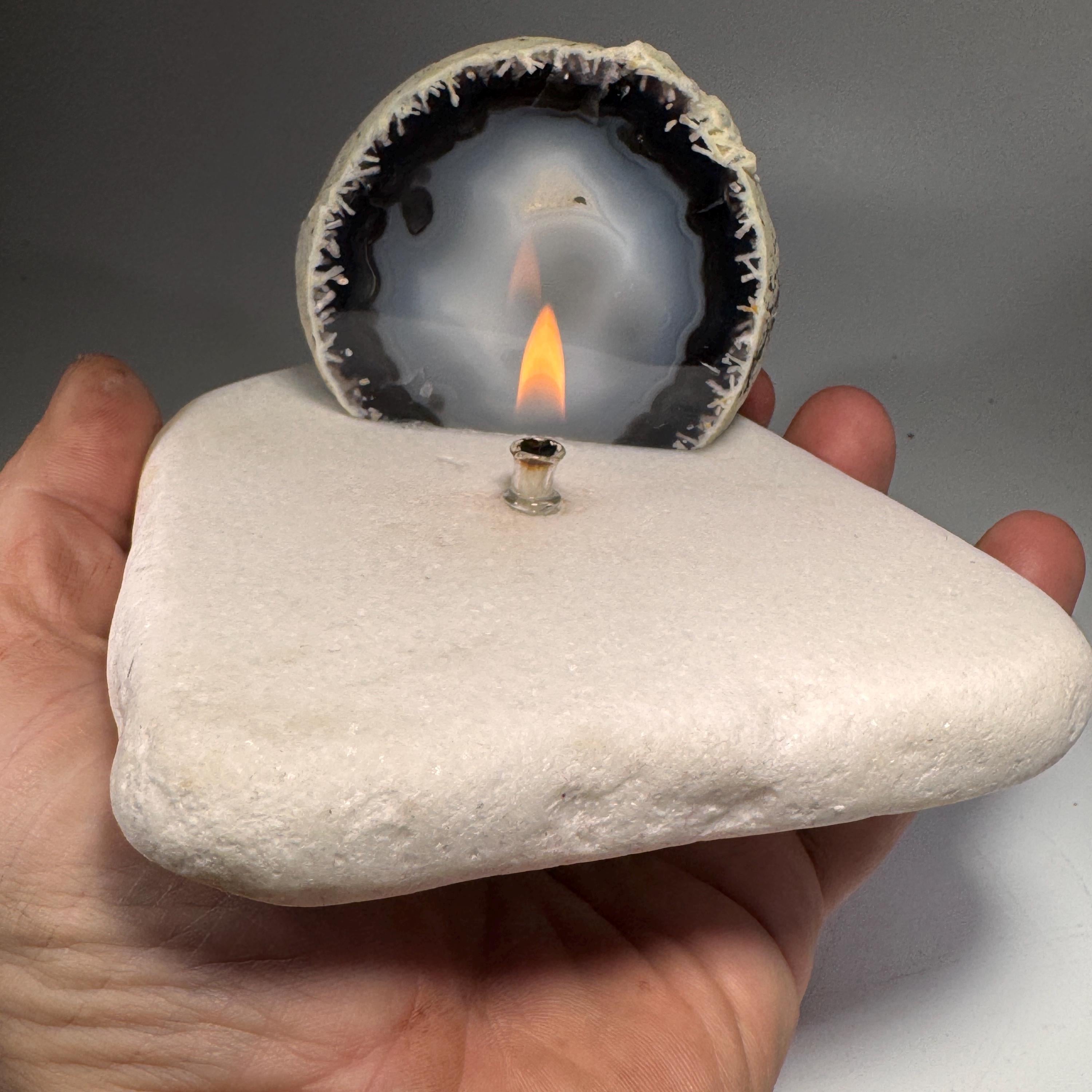 [shopname] - Agate Geode Oil Candle | Brazilian End-Cut Rock Lamp, Rustic Decor, Marble Base, rock decor