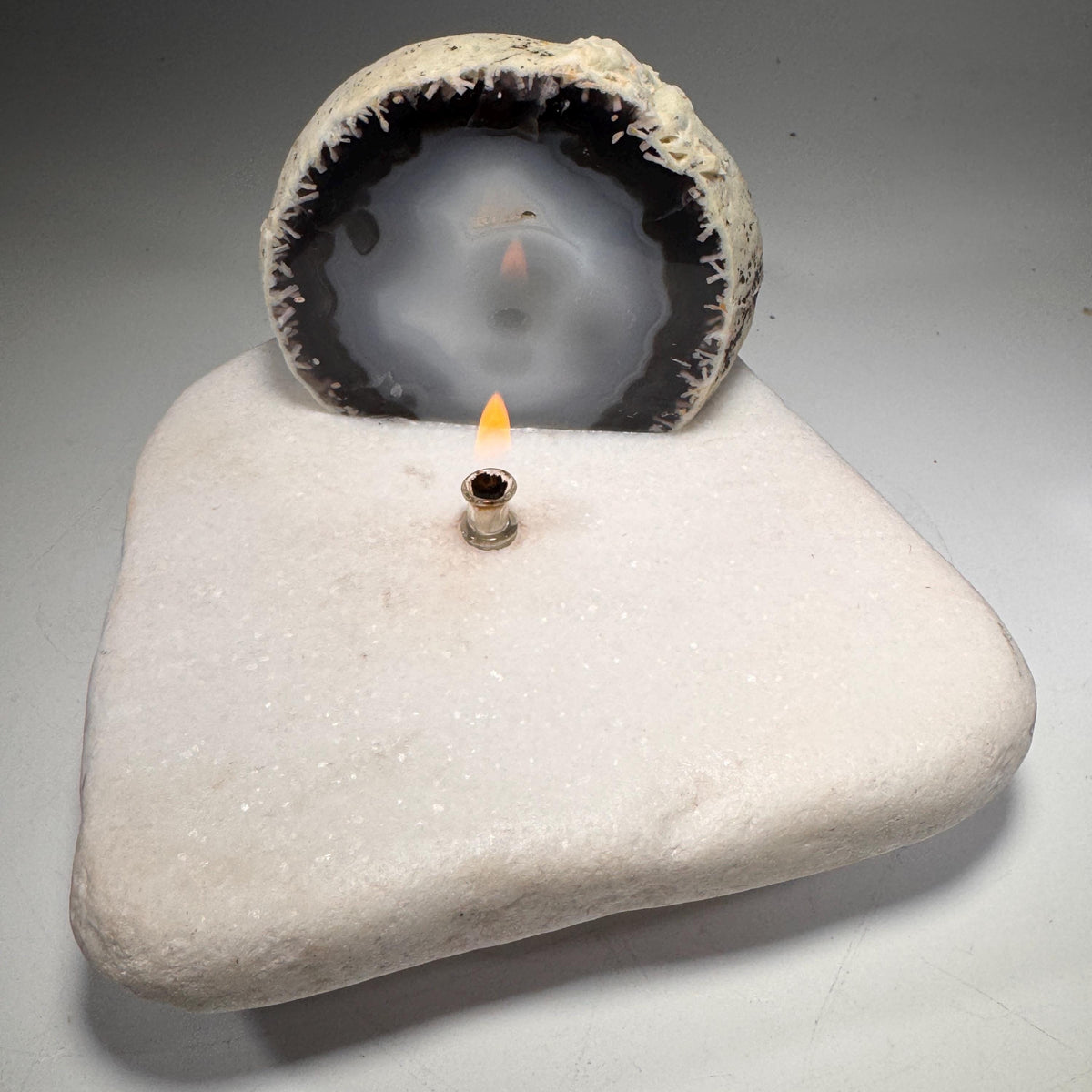 [shopname] - Agate Geode Oil Candle | Brazilian End-Cut Rock Lamp, Rustic Decor, Marble Base, rock decor