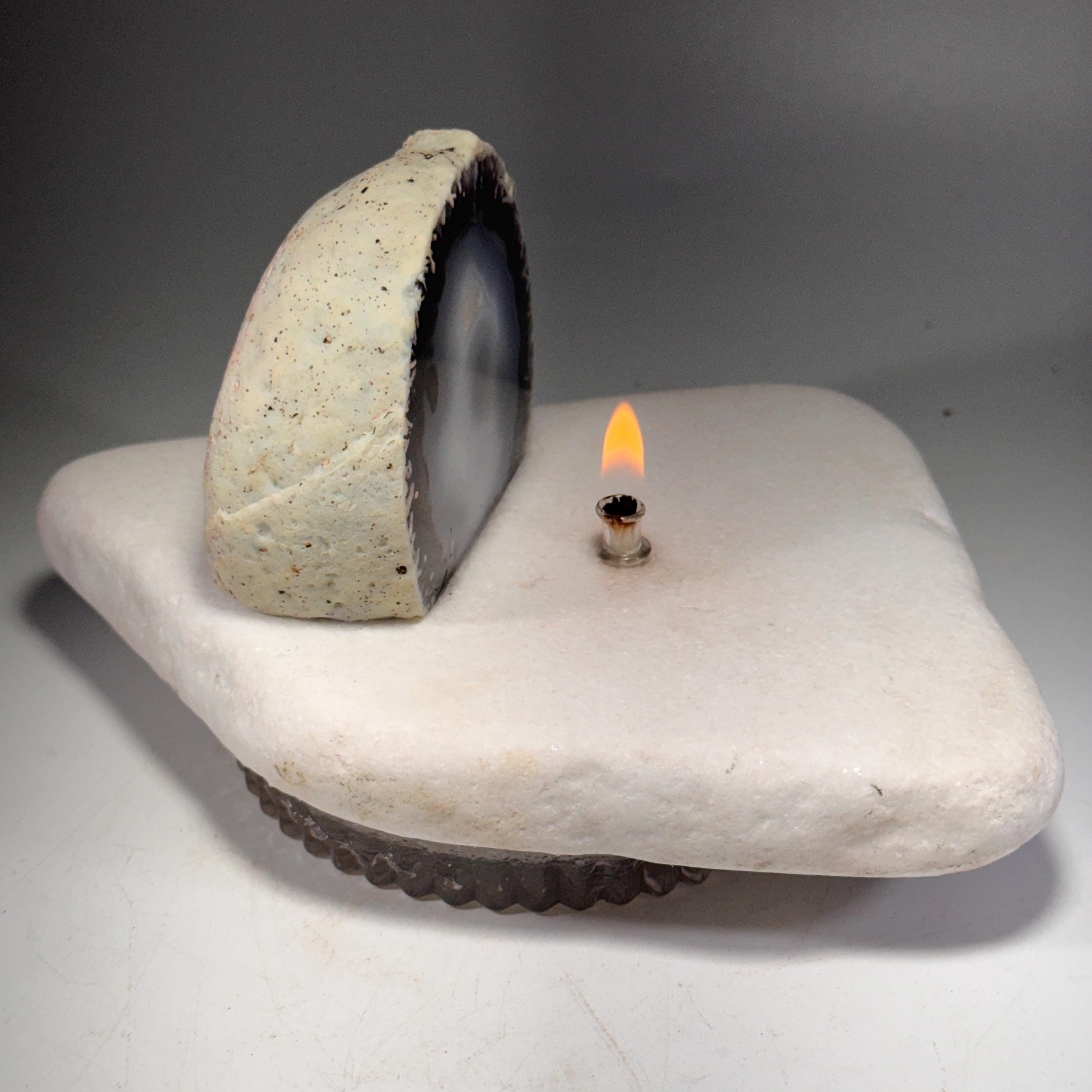 [shopname] - Agate Geode Oil Candle | Brazilian End-Cut Rock Lamp, Rustic Decor, Marble Base, rock decor