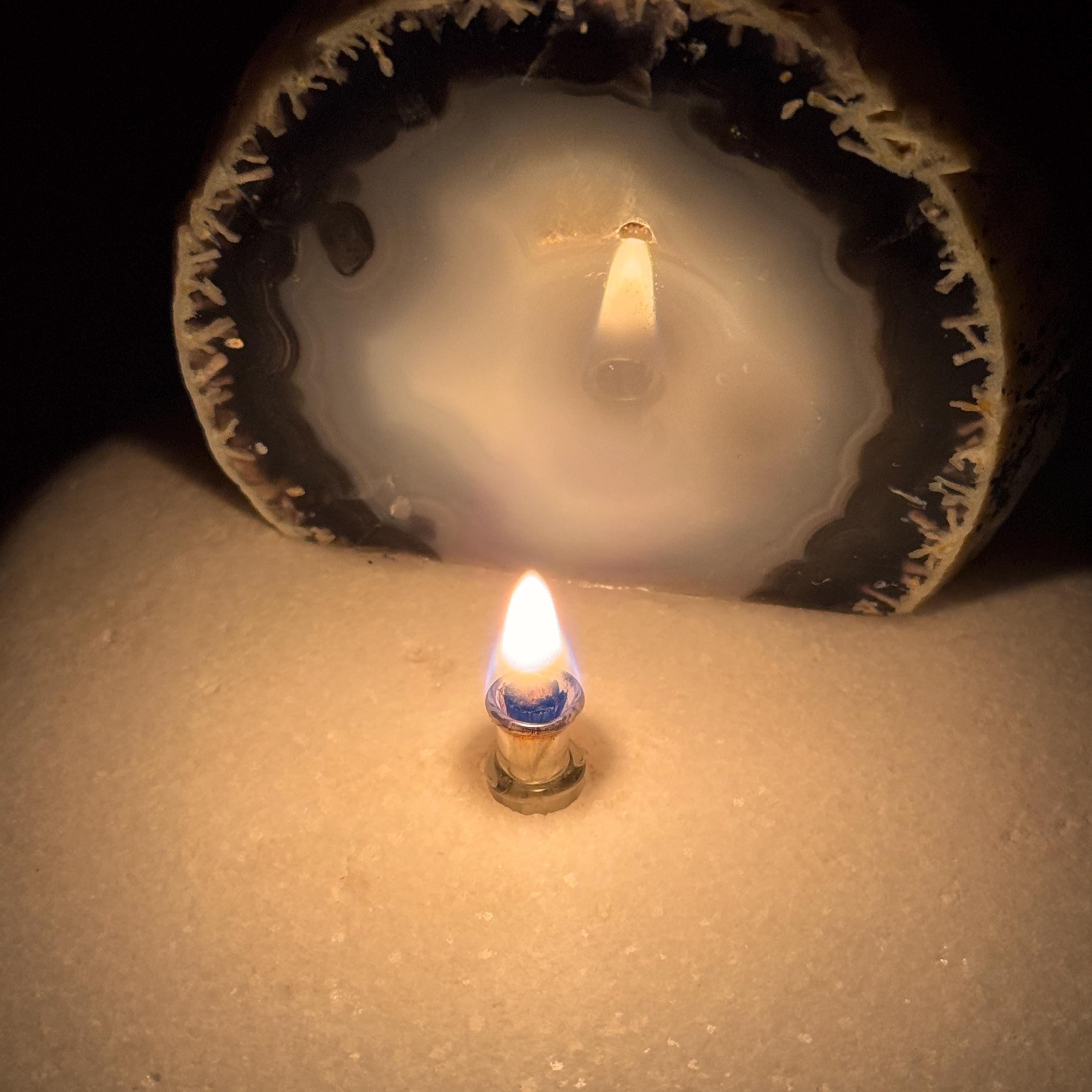 [shopname] - Agate Geode Oil Candle | Brazilian End-Cut Rock Lamp, Rustic Decor, Marble Base, rock decor