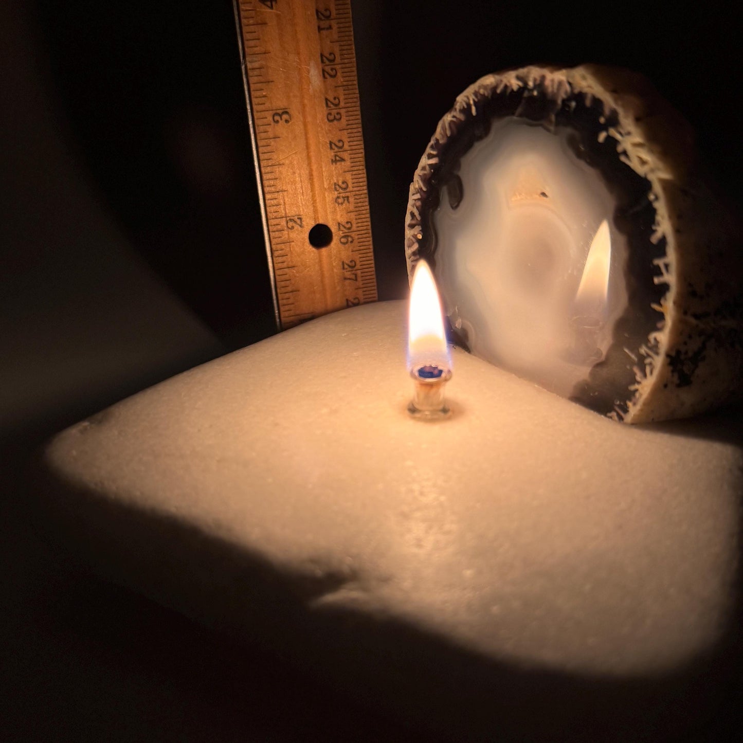 [shopname] - Agate Geode Oil Candle | Brazilian End-Cut Rock Lamp, Rustic Decor, Marble Base, rock decor