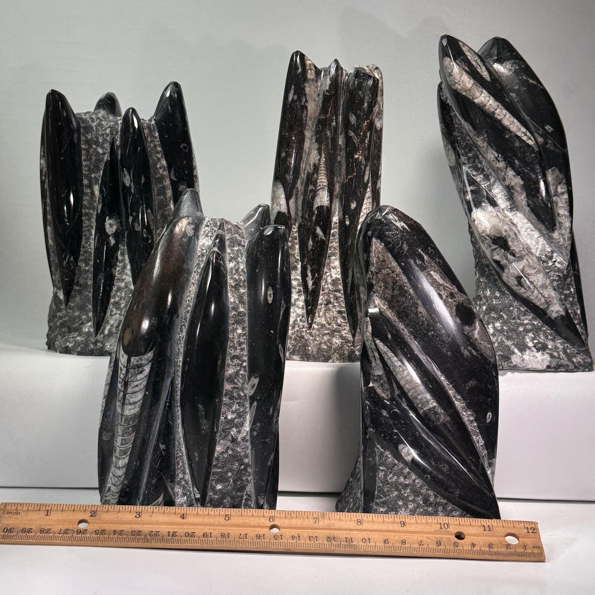 Fossil stone tower cluster with jagged black-gray and speckled crystal points