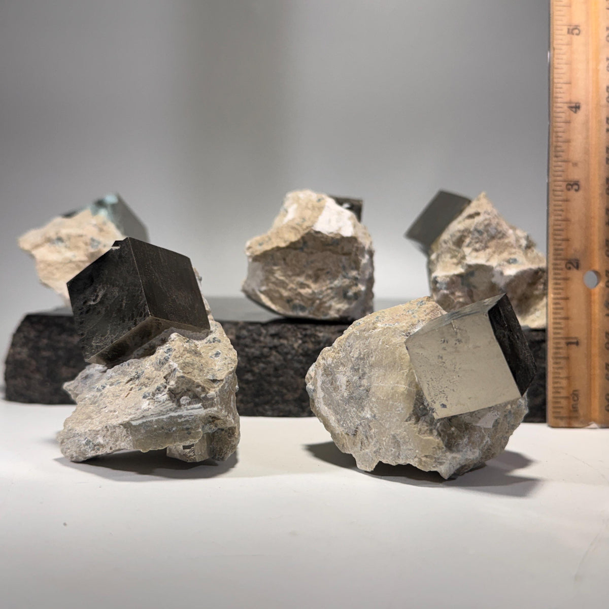 Pyrite cube clusters next to measuring ruler, black faces in tan host rock
