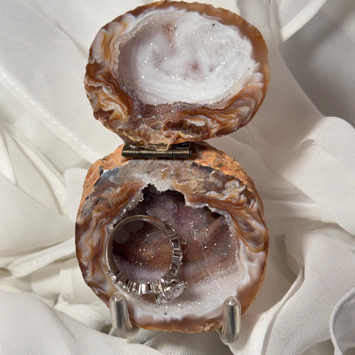 [shopname] - Brazilian Geode Ring Box with Sparkling Druzy Crystal Interior — Natural Agate Proposal Box, rock decor