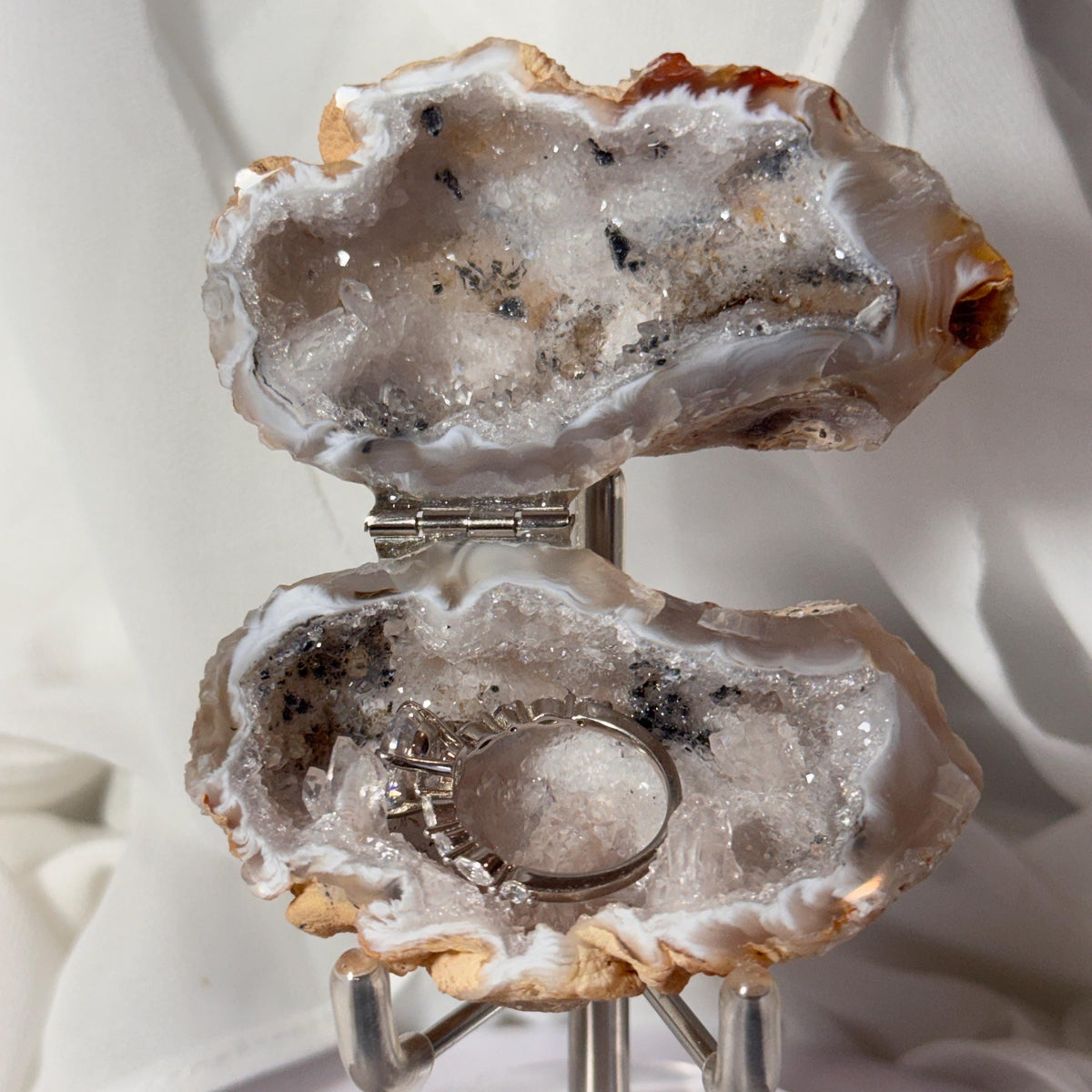 [shopname] - Brazilian Geode Ring Box with Sparkling Druzy Crystal Interior — Natural Agate Proposal Box, rock decor