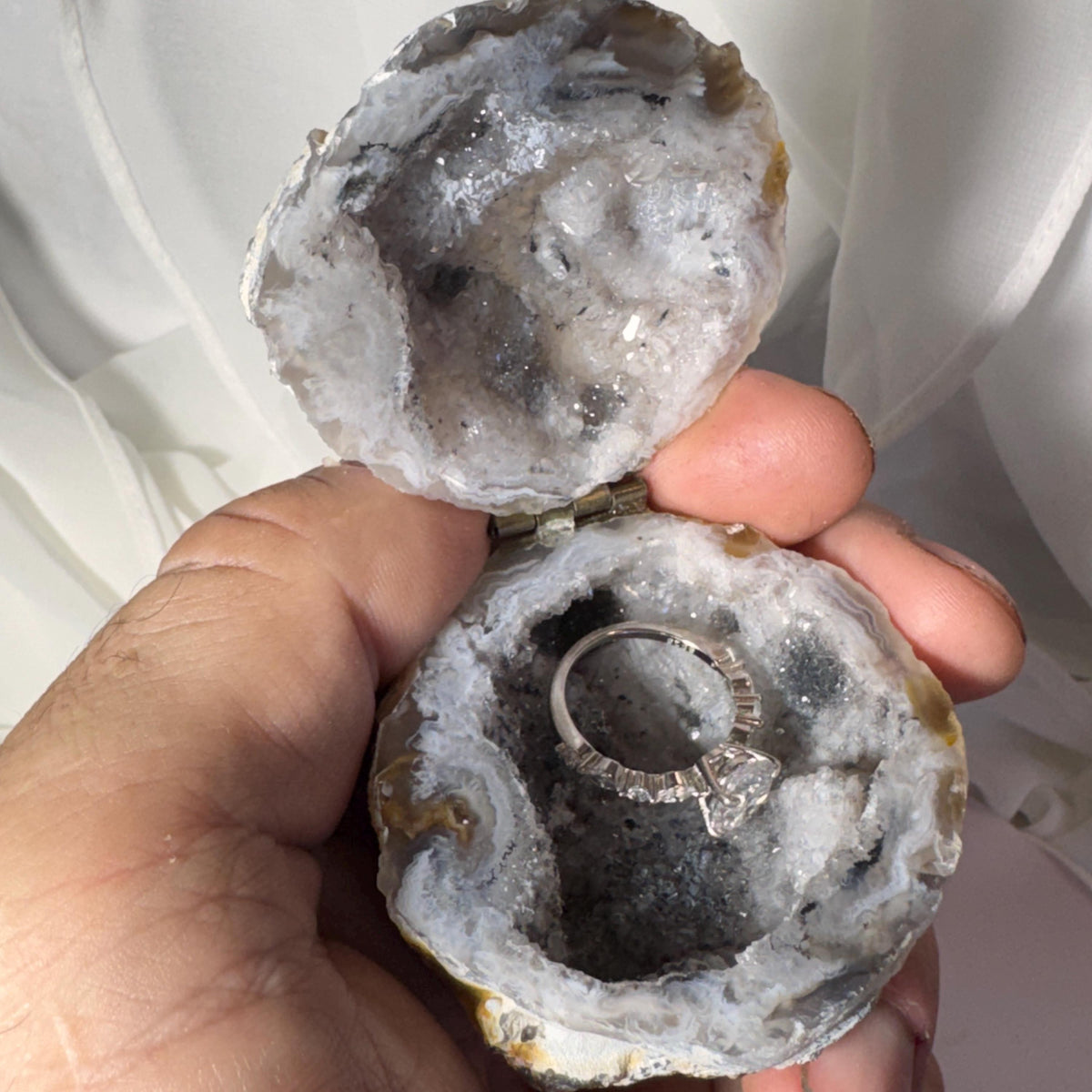 [shopname] - Brazilian Geode Ring Box with Sparkling Druzy Crystal Interior — Natural Agate Proposal Box, rock decor