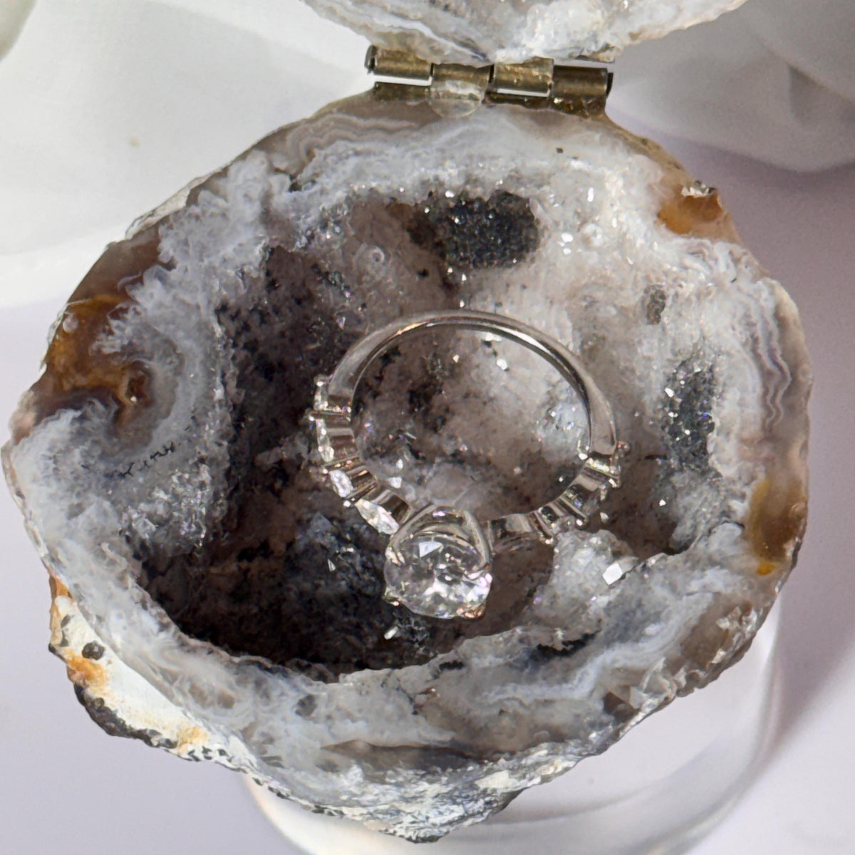 [shopname] - Brazilian Geode Ring Box with Sparkling Druzy Crystal Interior — Natural Agate Proposal Box, rock decor
