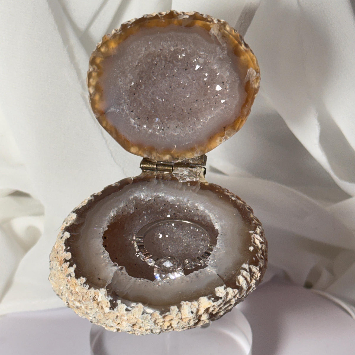 [shopname] - Brazilian Geode Ring Box with Sparkling Druzy Crystal Interior — Natural Agate Proposal Box, rock decor