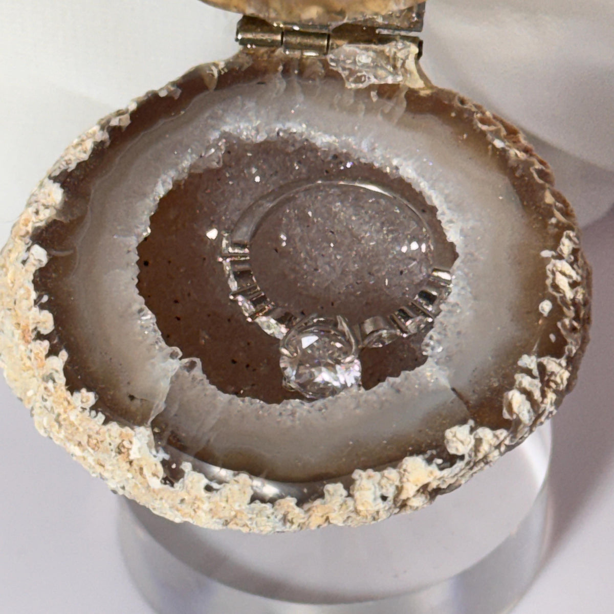 [shopname] - Brazilian Geode Ring Box with Sparkling Druzy Crystal Interior — Natural Agate Proposal Box, rock decor