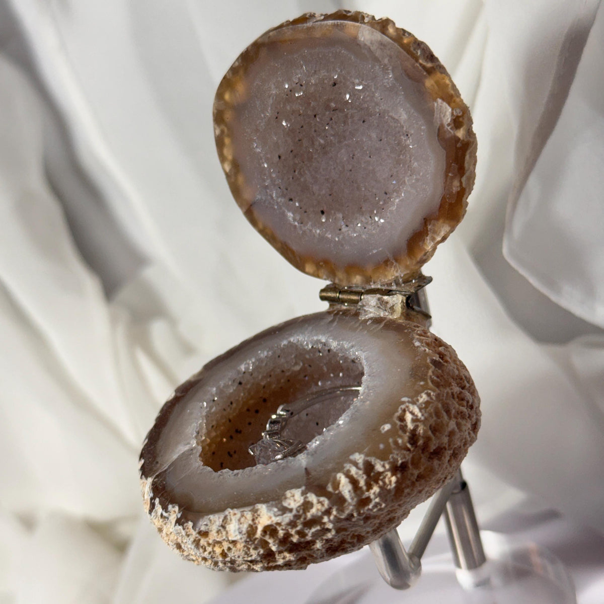 [shopname] - Brazilian Geode Ring Box with Sparkling Druzy Crystal Interior — Natural Agate Proposal Box, rock decor