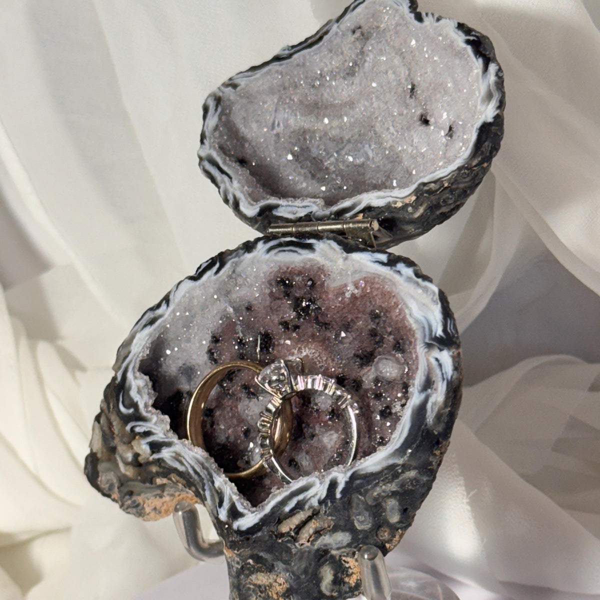 [shopname] - Brazilian Geode Ring Box with Sparkling Druzy Crystal Interior — Natural Agate Proposal Box, rock decor