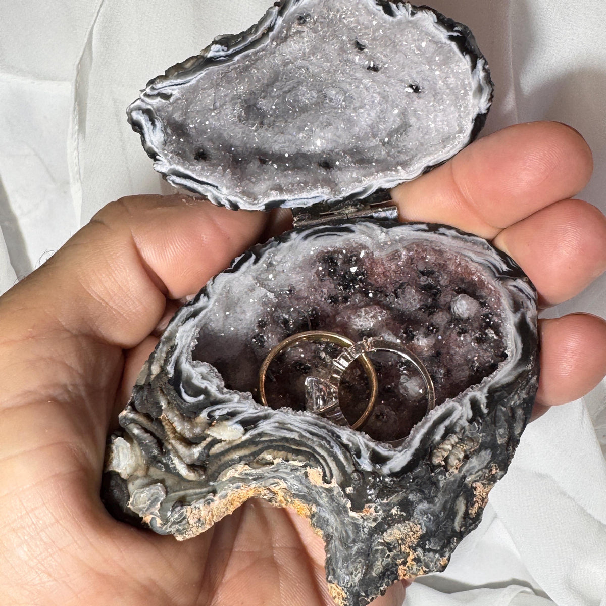 [shopname] - Brazilian Geode Ring Box with Sparkling Druzy Crystal Interior — Natural Agate Proposal Box, rock decor