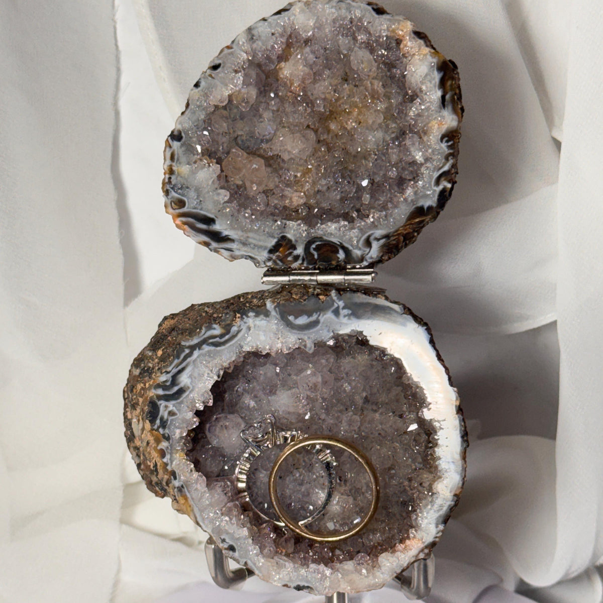 [shopname] - Brazilian Geode Ring Box with Sparkling Druzy Crystal Interior — Natural Agate Proposal Box, rock decor