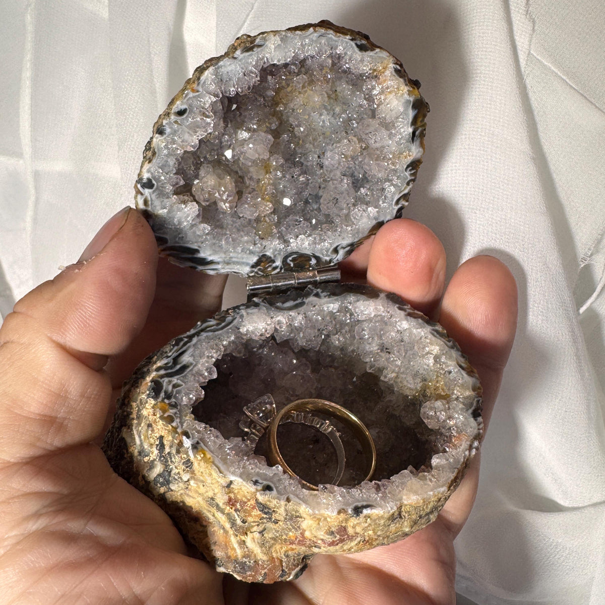 [shopname] - Brazilian Geode Ring Box with Sparkling Druzy Crystal Interior — Natural Agate Proposal Box, rock decor