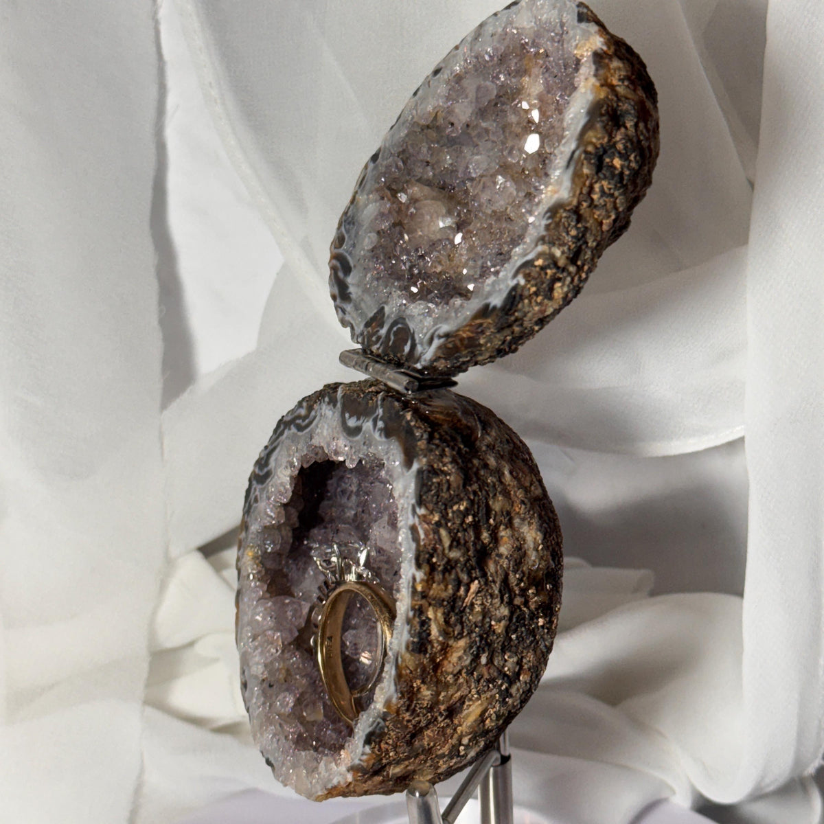[shopname] - Brazilian Geode Ring Box with Sparkling Druzy Crystal Interior — Natural Agate Proposal Box, rock decor