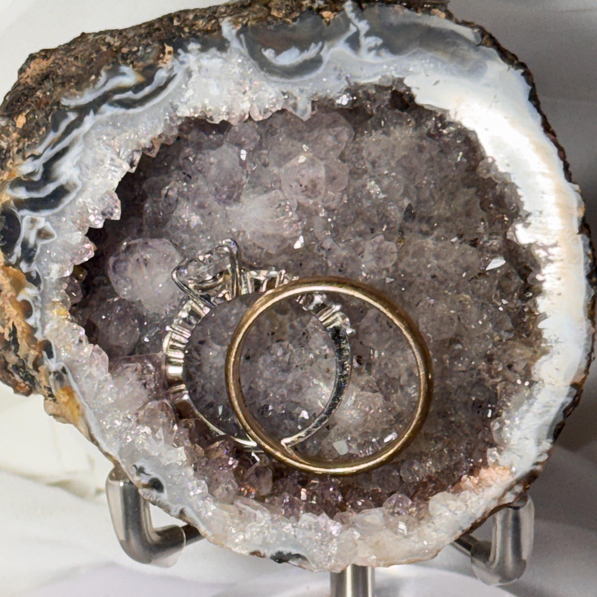 [shopname] - Brazilian Geode Ring Box with Sparkling Druzy Crystal Interior — Natural Agate Proposal Box, rock decor
