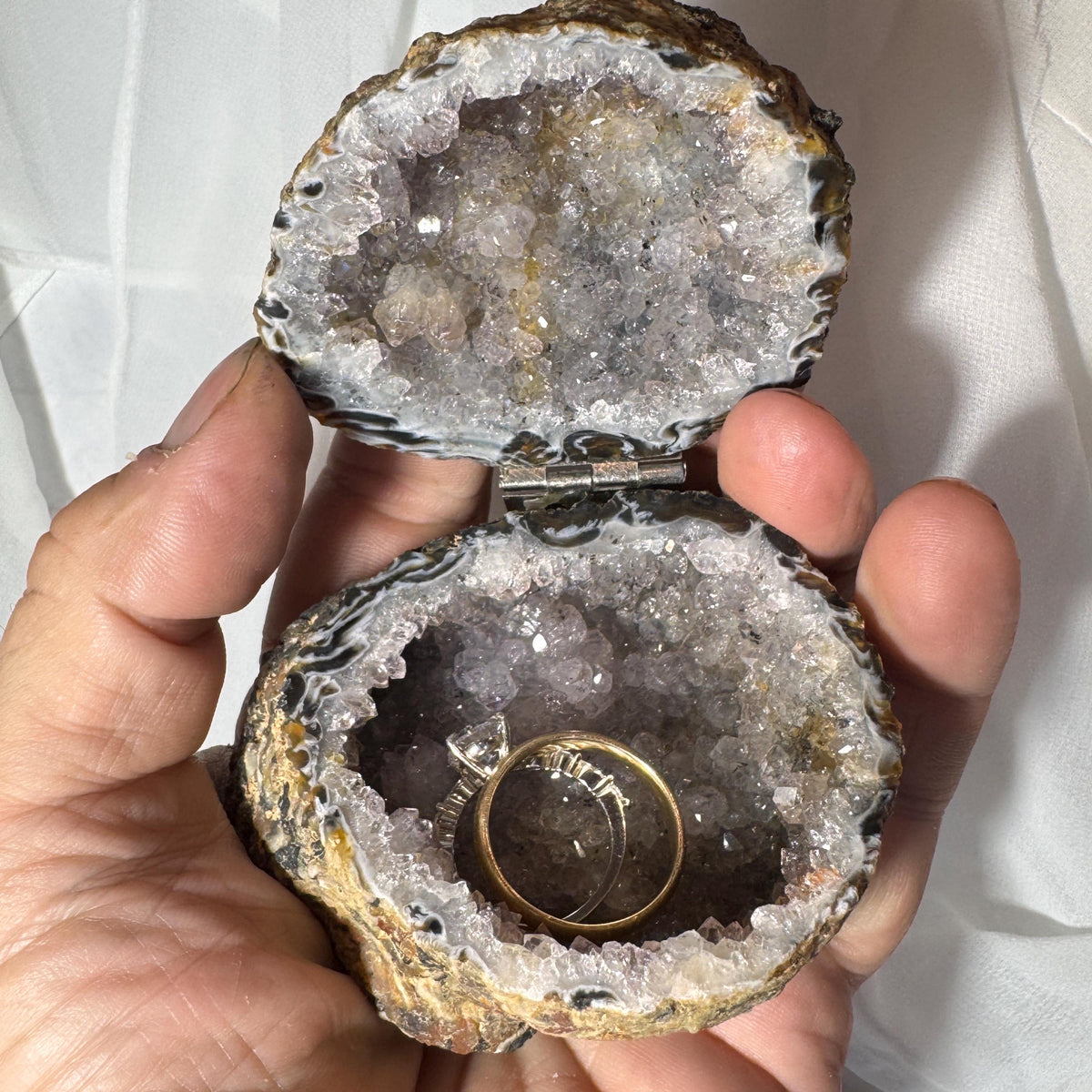 [shopname] - Brazilian Geode Ring Box with Sparkling Druzy Crystal Interior — Natural Agate Proposal Box, rock decor