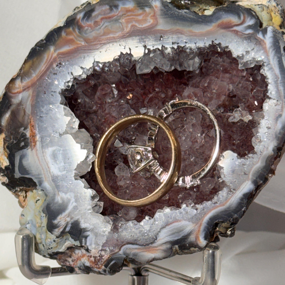 [shopname] - Brazilian Geode Ring Box with Sparkling Druzy Crystal Interior — Natural Agate Proposal Box, rock decor